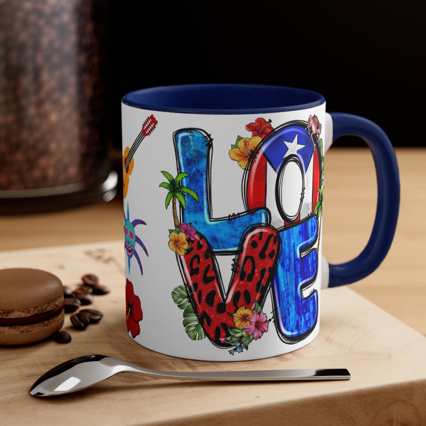 LOVE PUERTO RICO Mug with Puerto Rican Elements - Mugscity - Free Shipping - Available with Red, Blue or Black Accents