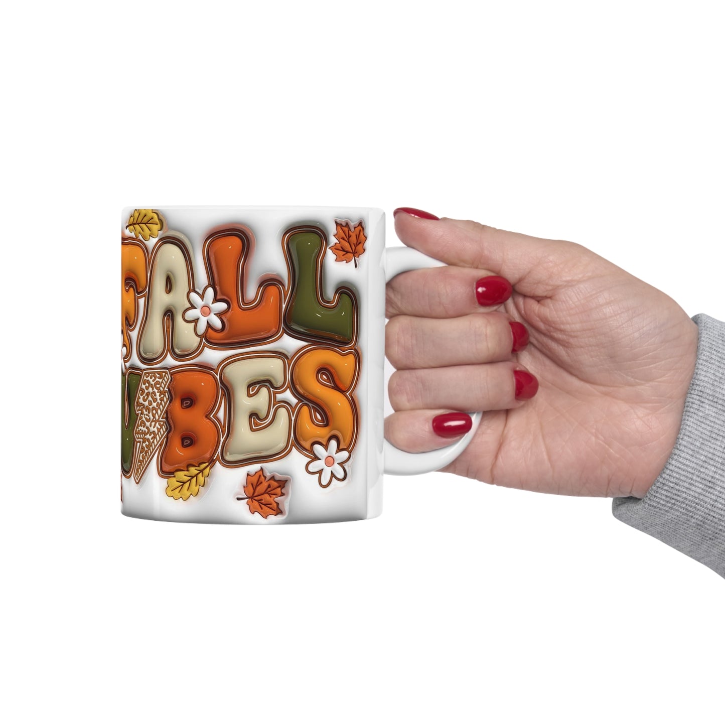 Fall Vibes 3D effect mug with autumn leaves and flowers – 11oz ceramic coffee cup by MUGSCITY23