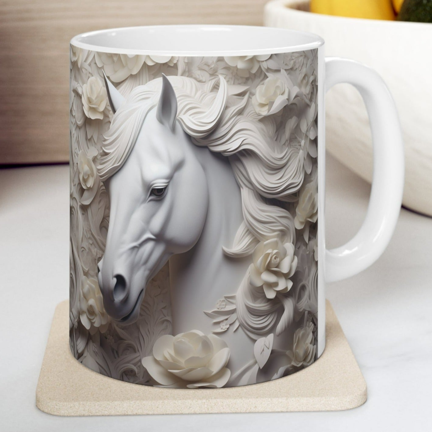 Elegant white ceramic mug featuring a majestic white horse surrounded by delicate white flowers. 11oz, microwave and dishwasher safe.
