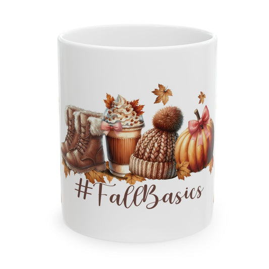 Pumpkin spice fall mug with cozy boots, coffee, and pumpkins by Mugscity23
