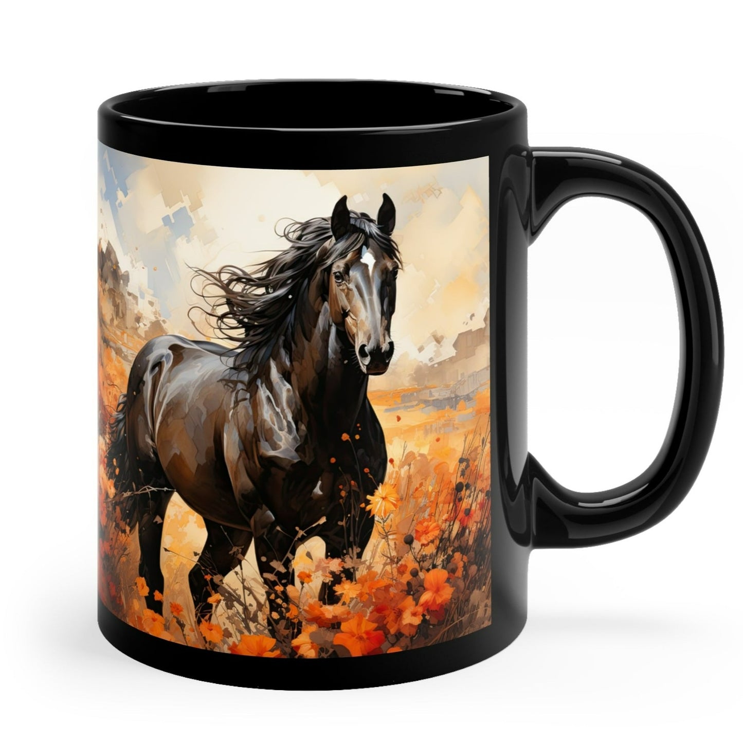 Glossy black ceramic mug featuring a powerful black horse running through a vibrant orange wildflower field. 11oz, microwave and dishwasher safe.