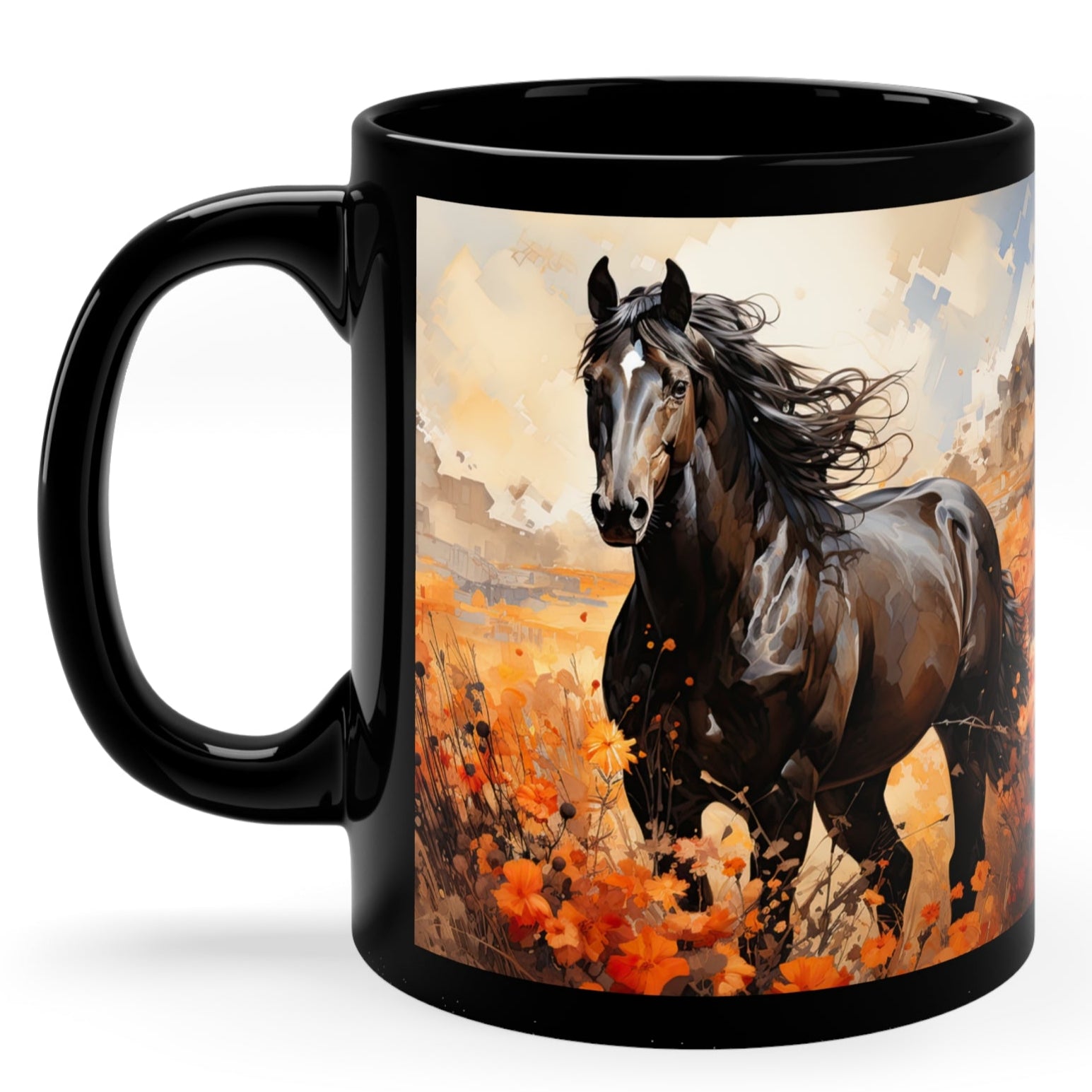 Glossy black ceramic mug featuring a powerful black horse running through a vibrant orange wildflower field. 11oz, microwave and dishwasher safe.