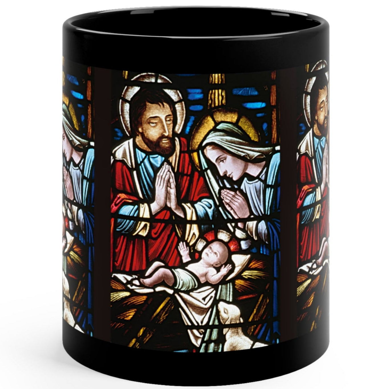 Glossy black Christmas mug with stained glass nativity scene of baby Jesus, Mary, and Joseph