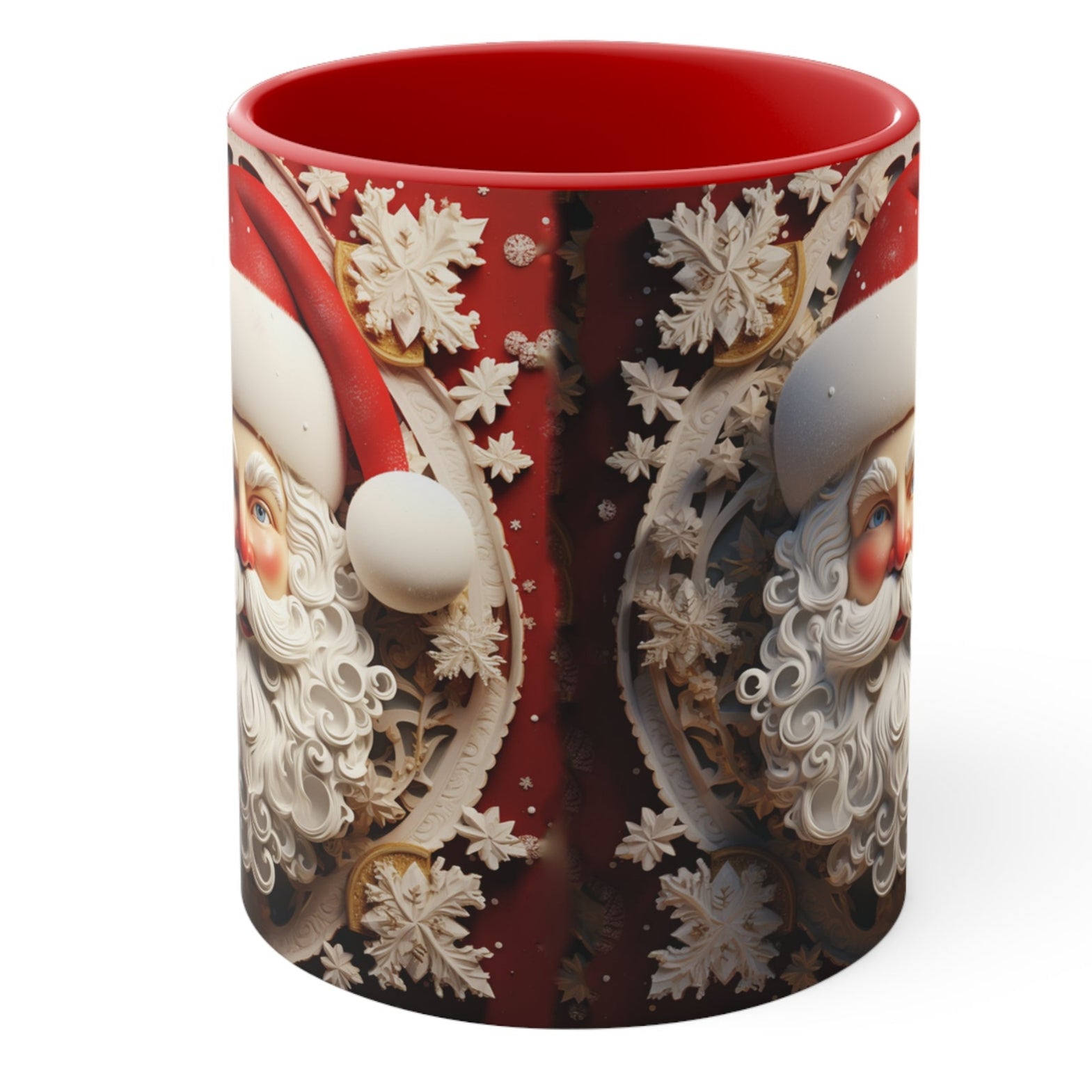Christmas mug with vintage Santa Claus face and 3D snowflake textured design