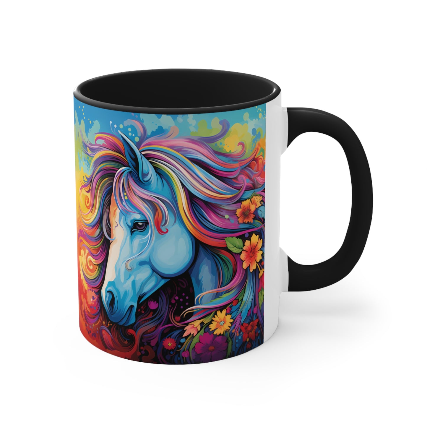 Bright ceramic mug featuring a blue horse with a multicolored rainbow mane, surrounded by flowers. Available in various accent colors. 11oz.
