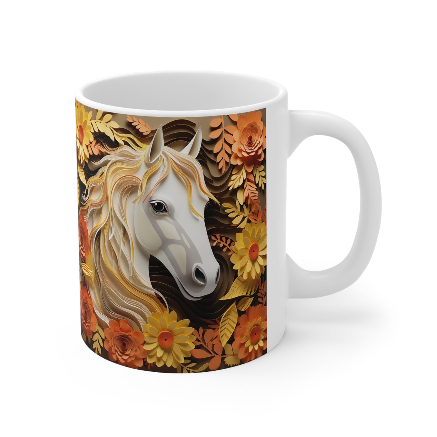 White ceramic mug featuring a sculpted-style white horse with golden mane surrounded by orange, yellow, and brown fall flowers and leaves. 11oz, microwave and dishwasher safe.