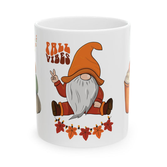 Fall Vibes mug with autumn gnome, stacked pumpkins, falling leaves, and soft 3D look – 11oz ceramic cup by MUGSCITY23