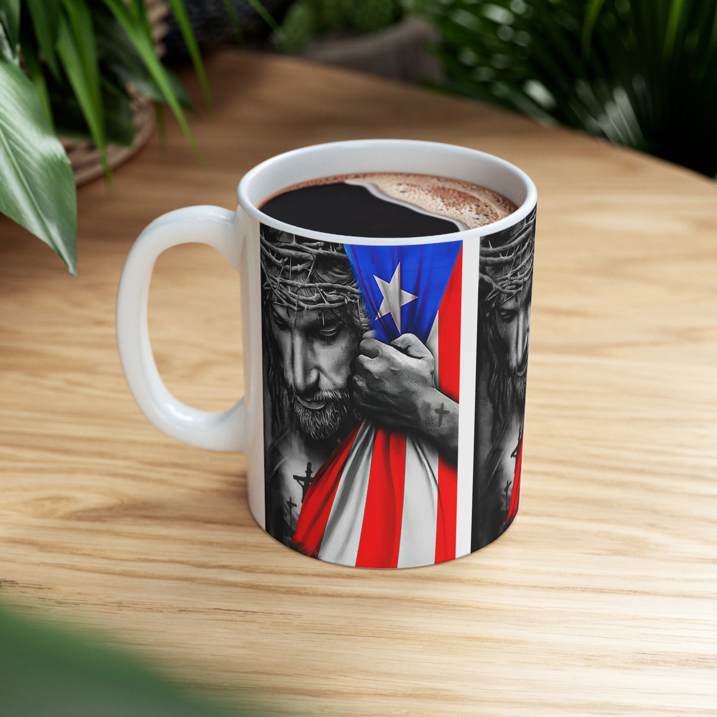 JESUS HUGGING PUERTO RICAN FLAG MUG - WHITE - MUGSCITY - Free Shipping