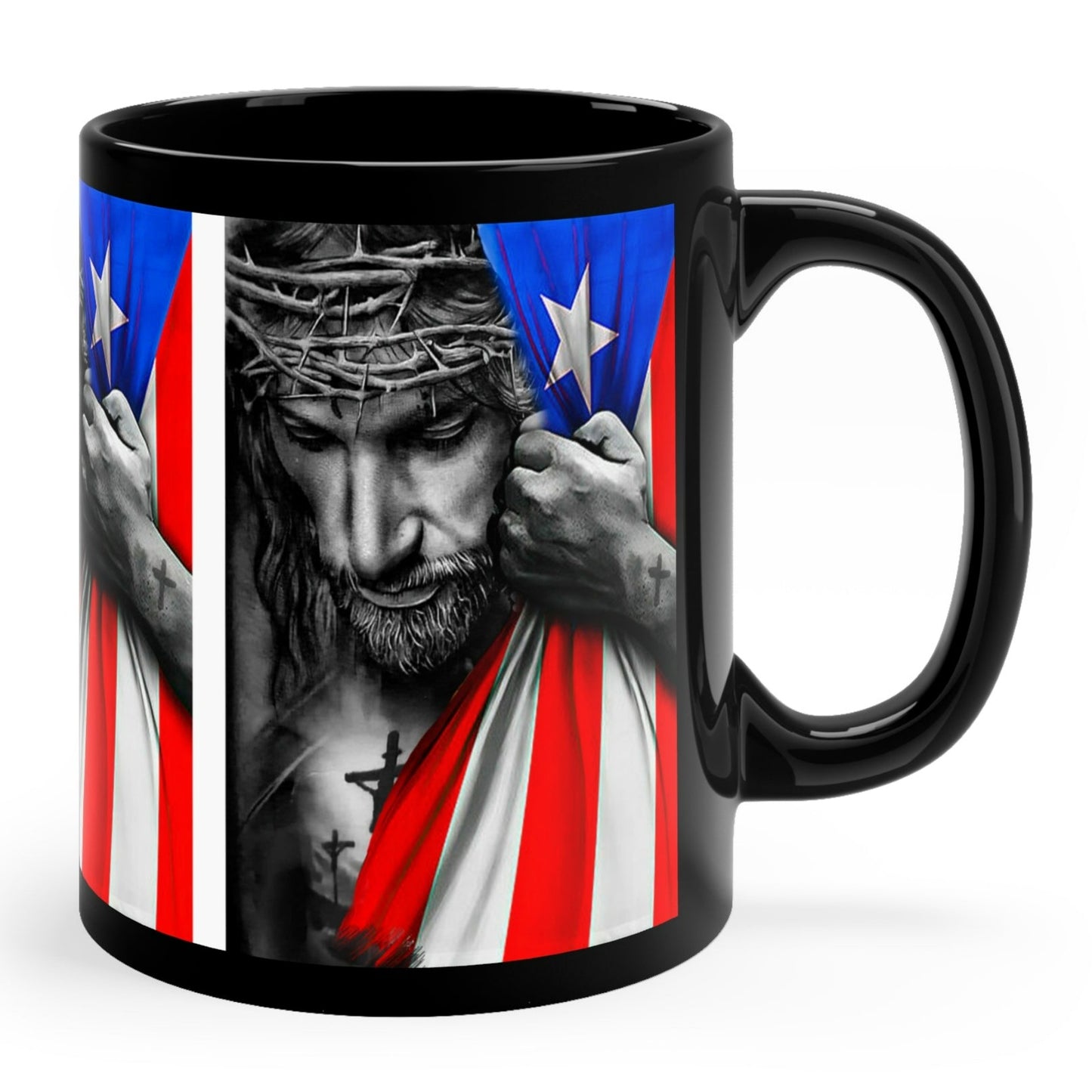 JESUS HUGGING PUERTO RICAN FLAG MUG (GLOSSY BLACK) - MUGSCITY - Free Shipping