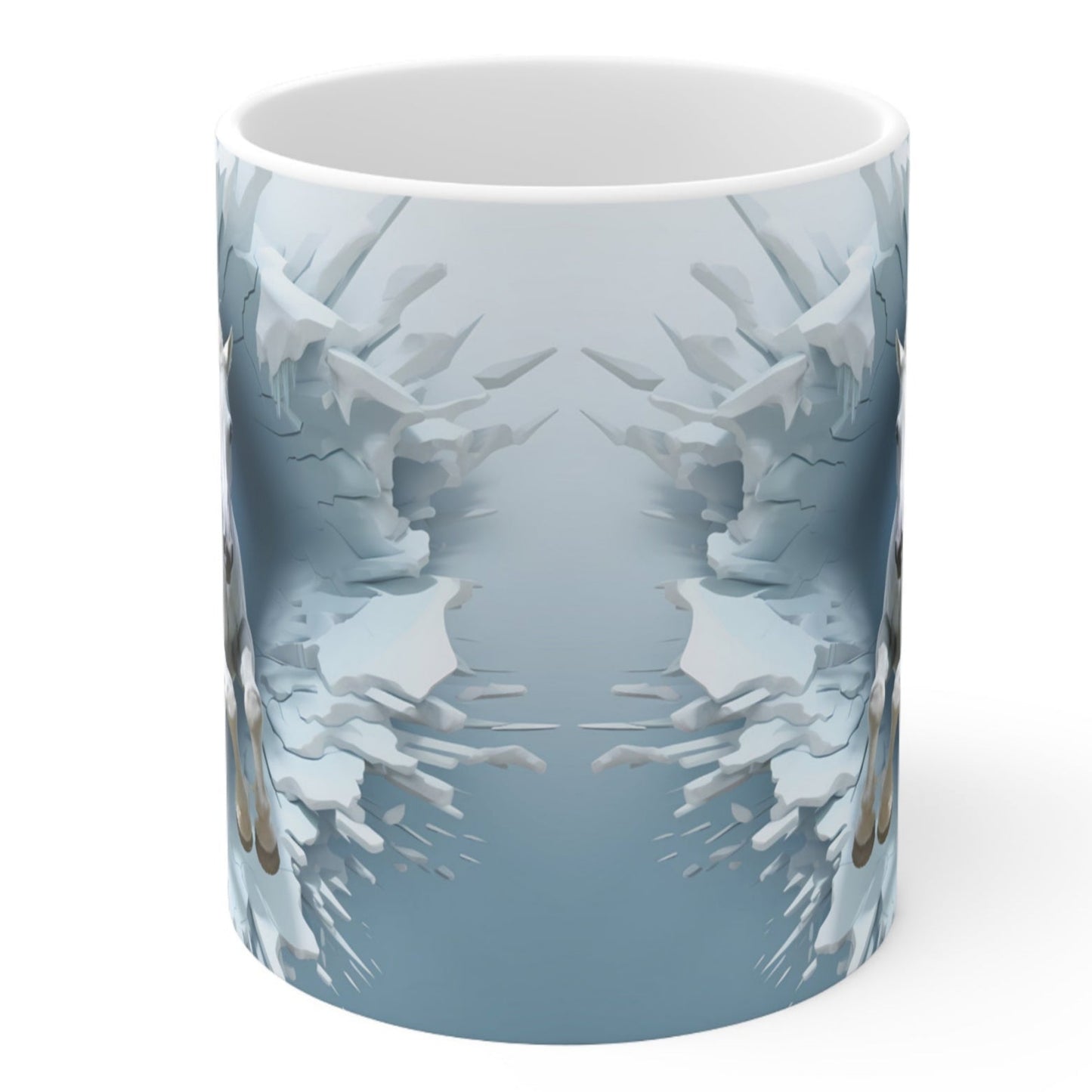 Ceramic mug featuring a dynamic 3D image of a white galloping horse. 11oz, microwave and dishwasher safe.