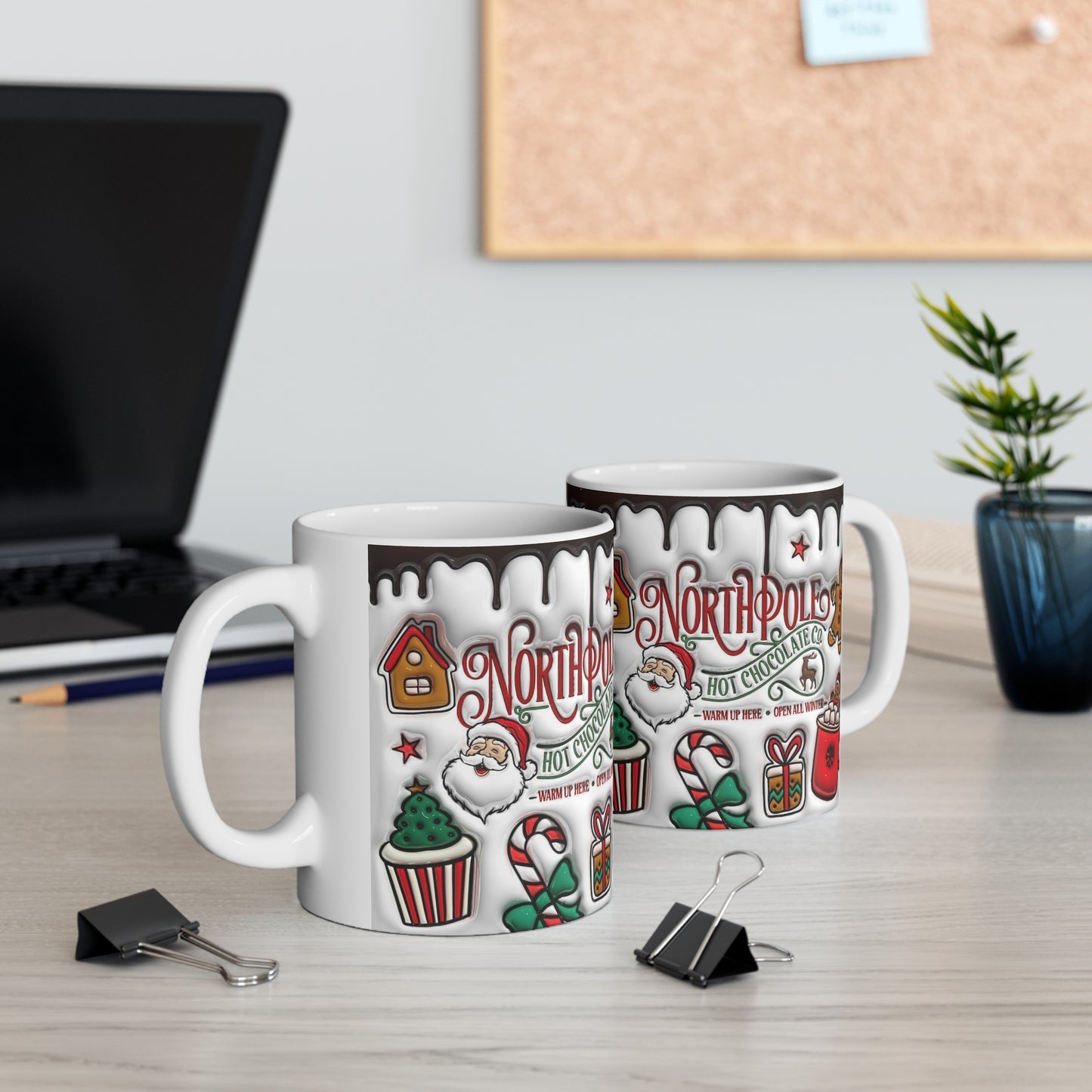 Christmas mug with North Pole Hot Chocolate Co. design, Santa, gingerbread, cocoa and candy canes