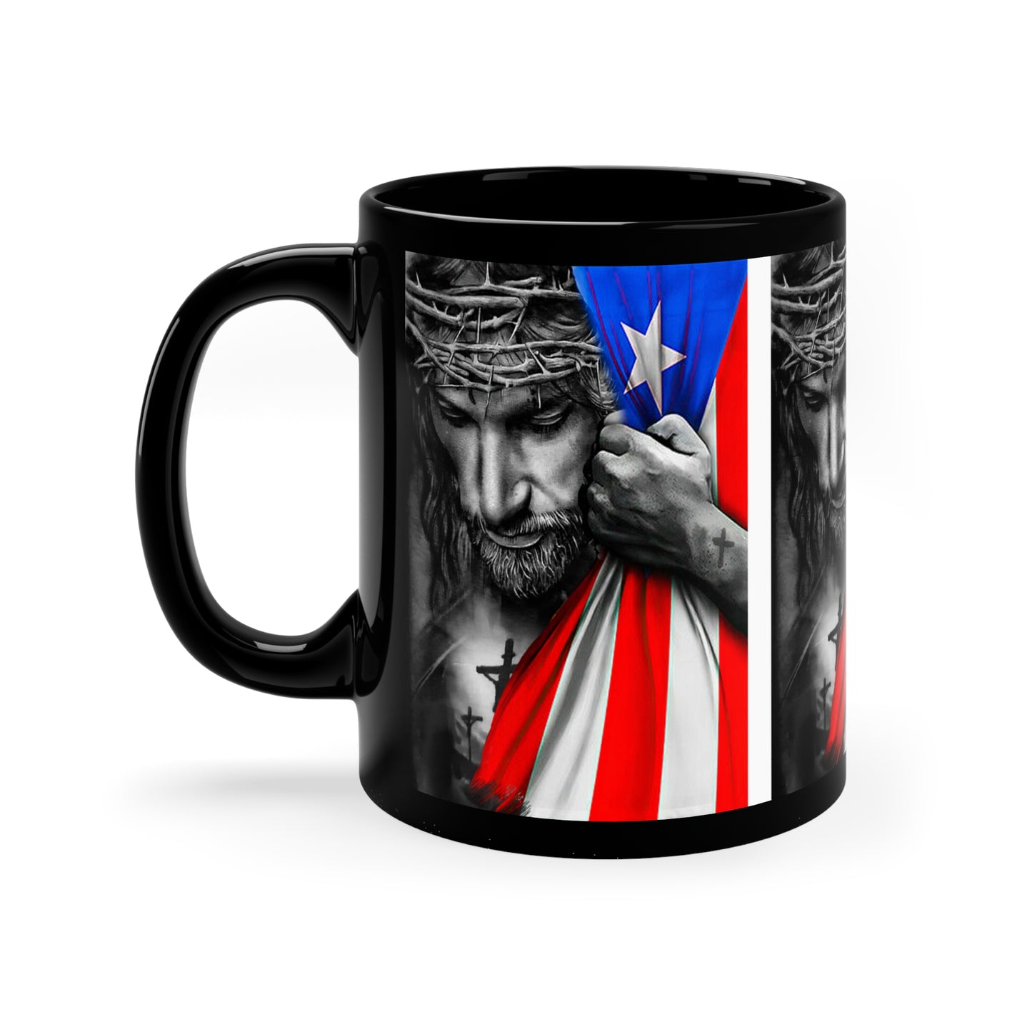 JESUS HUGGING PUERTO RICAN FLAG MUG (GLOSSY BLACK) - MUGSCITY - Free Shipping