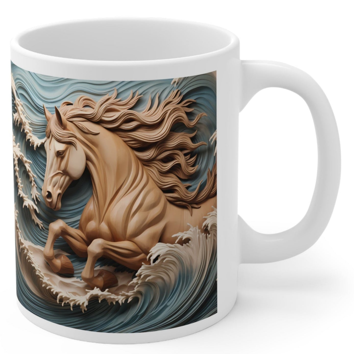 White ceramic mug featuring a sculpted-style tan horse galloping through ocean waves with flowing mane. 11oz, microwave and dishwasher safe.