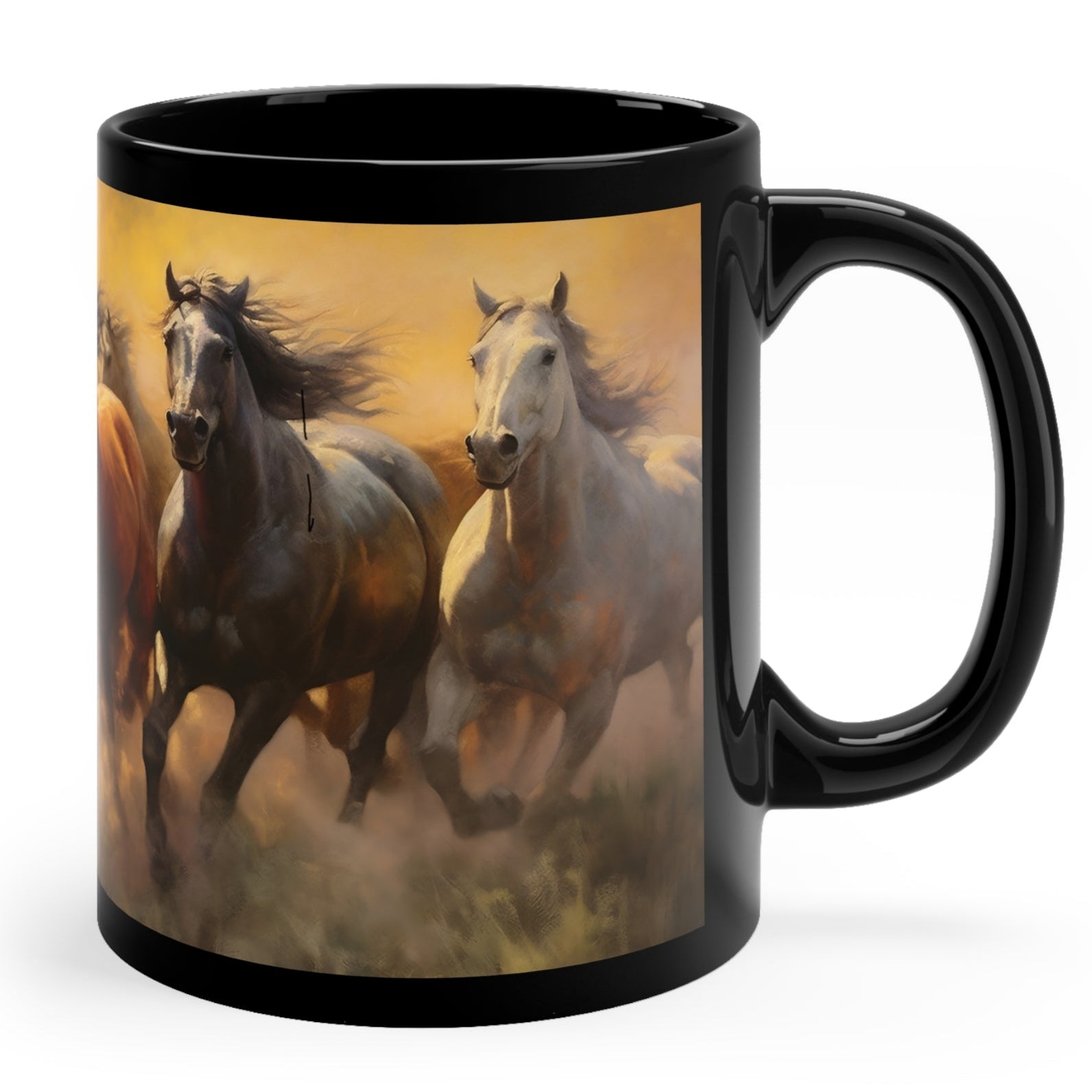 Glossy black ceramic mug featuring a dynamic image of horses running through a dust storm. 11oz, microwave and dishwasher safe.