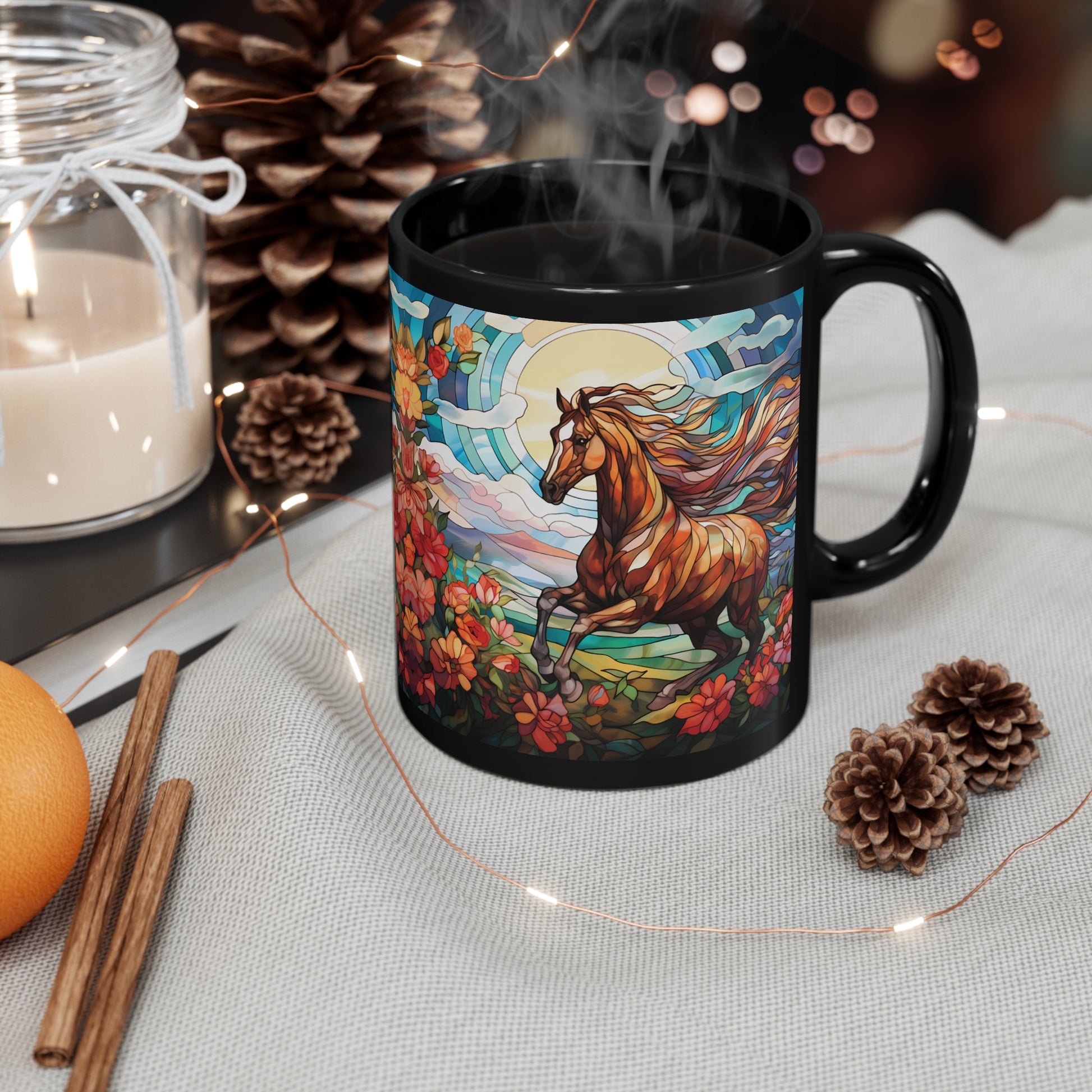 Glossy black ceramic mug featuring a stained glass-style horse with flowing mane and vibrant background of flowers, sun, and sky. 11oz, microwave and dishwasher safe.