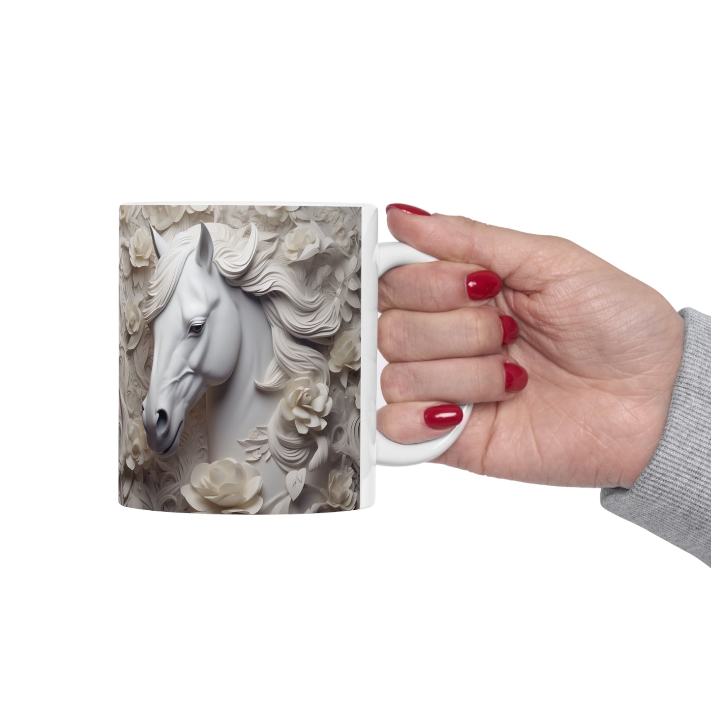Elegant white ceramic mug featuring a majestic white horse surrounded by delicate white flowers. 11oz, microwave and dishwasher safe.