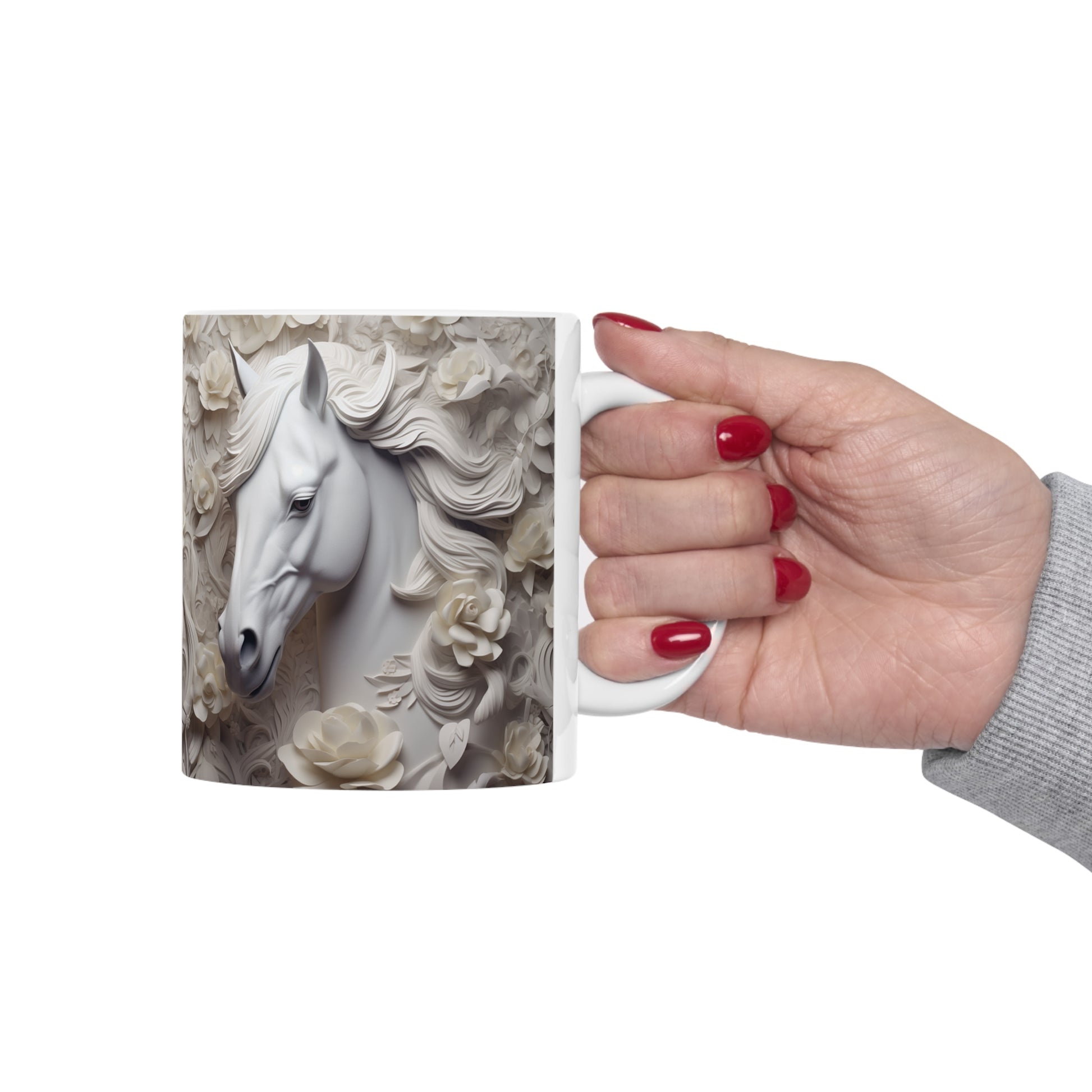 Elegant white ceramic mug featuring a majestic white horse surrounded by delicate white flowers. 11oz, microwave and dishwasher safe.