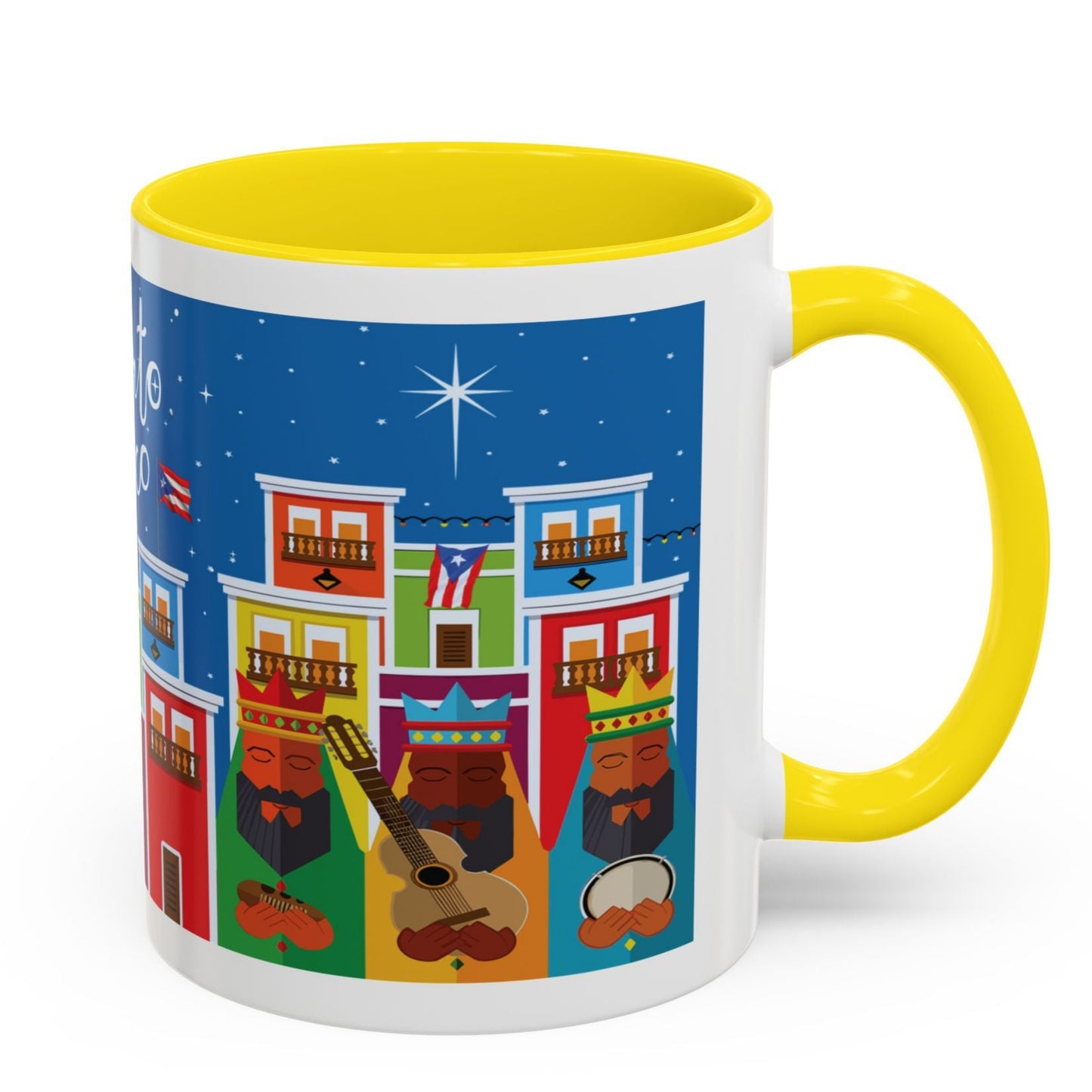 THREE KINGS IN OLD SAN JUAN COFFEE MUG TRES REYES MAGOS EN SAN JUAN. ASA E INTERIOR AMARILLA. YELLOW ACCENTS.