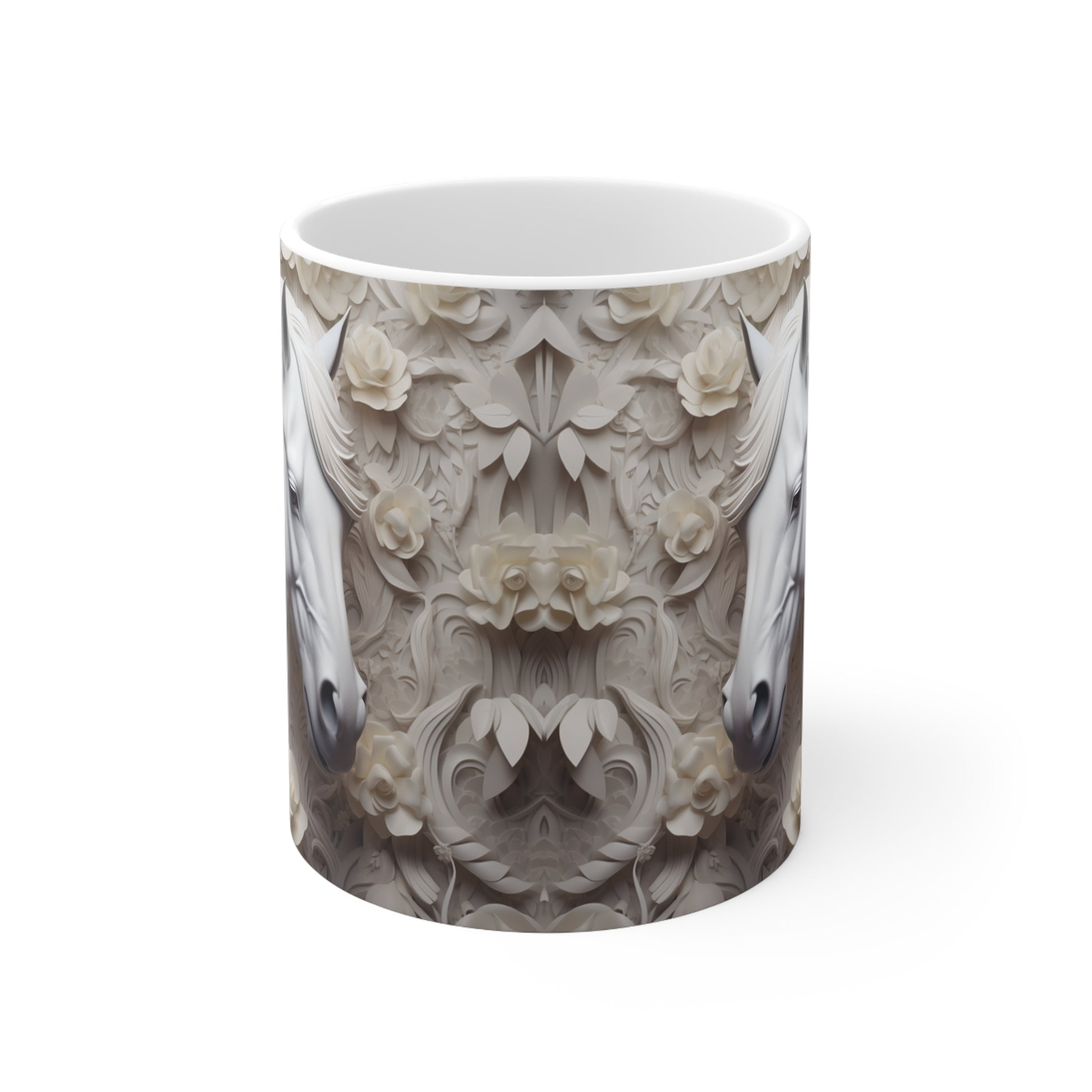 Elegant white ceramic mug featuring a majestic white horse surrounded by delicate white flowers. 11oz, microwave and dishwasher safe.