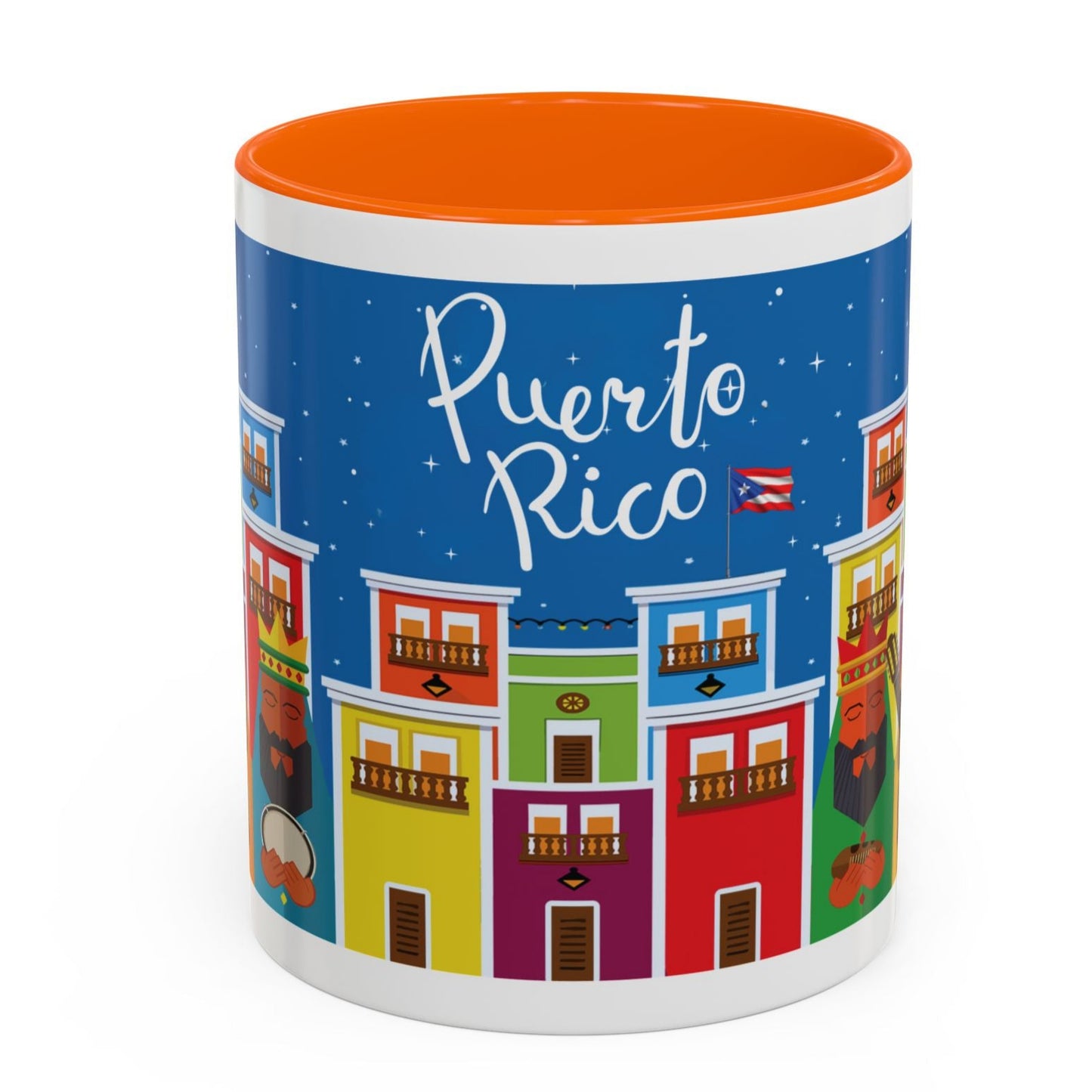 THREE KINGS IN OLD SAN JUAN COFFEE MUG TAZA TRES REYES MAGOS EN SAN JUAN. ASA E INTERIOR ANARANJADO. ORANGE ACCENTS.