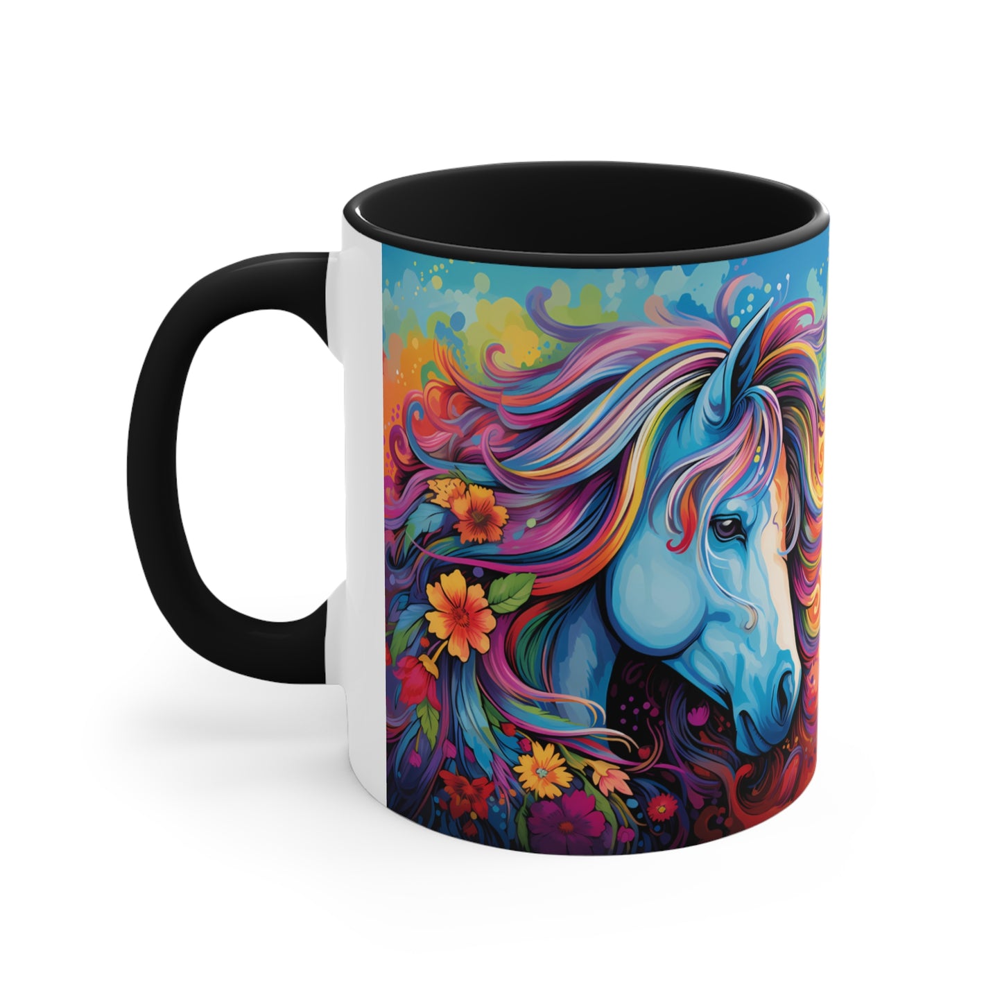 Bright ceramic mug featuring a blue horse with a multicolored rainbow mane, surrounded by flowers. Available in various accent colors. 11oz.
