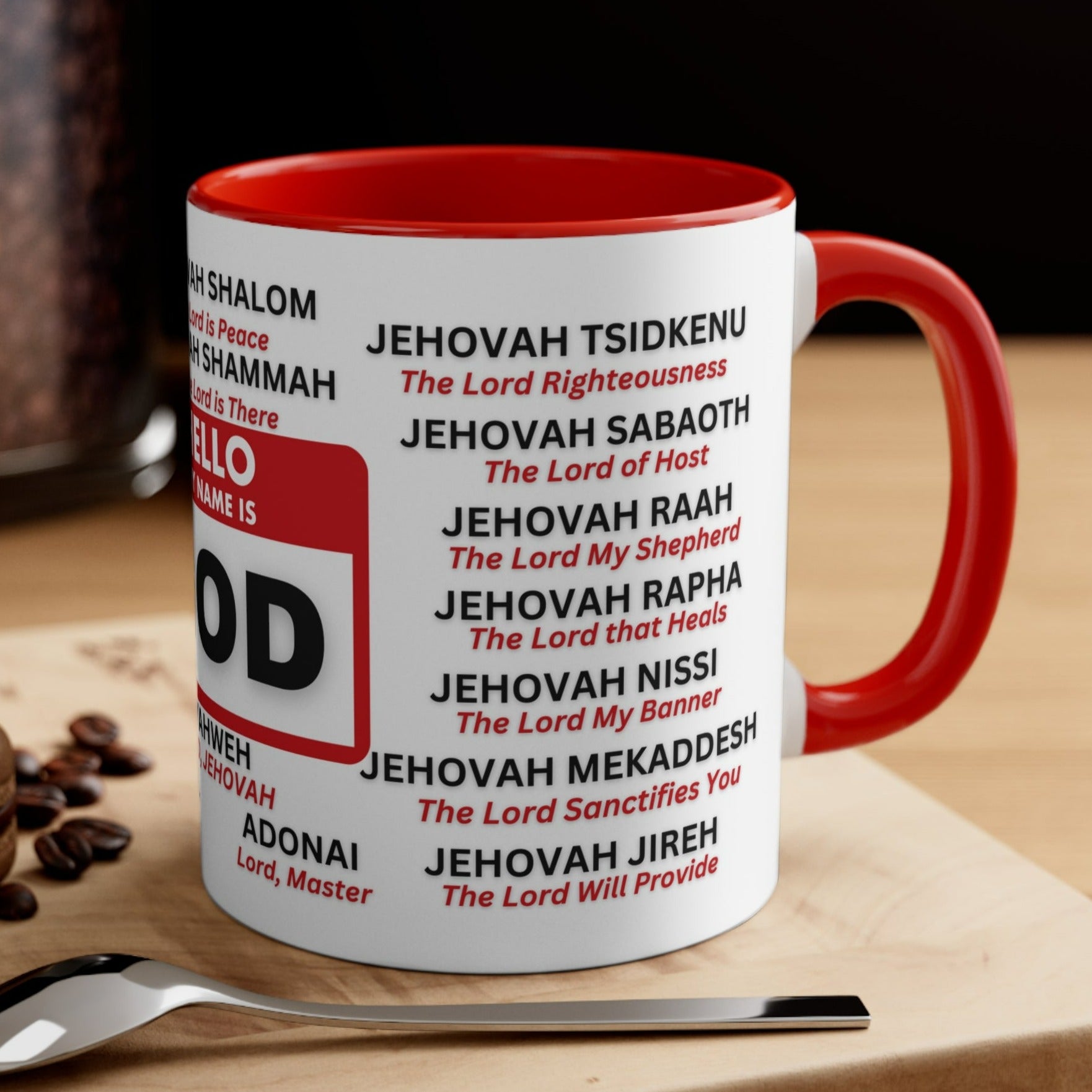21 Names of God Christian Mug – Jehovah, Yahweh, Adonai - Red Accent - Mugscity23