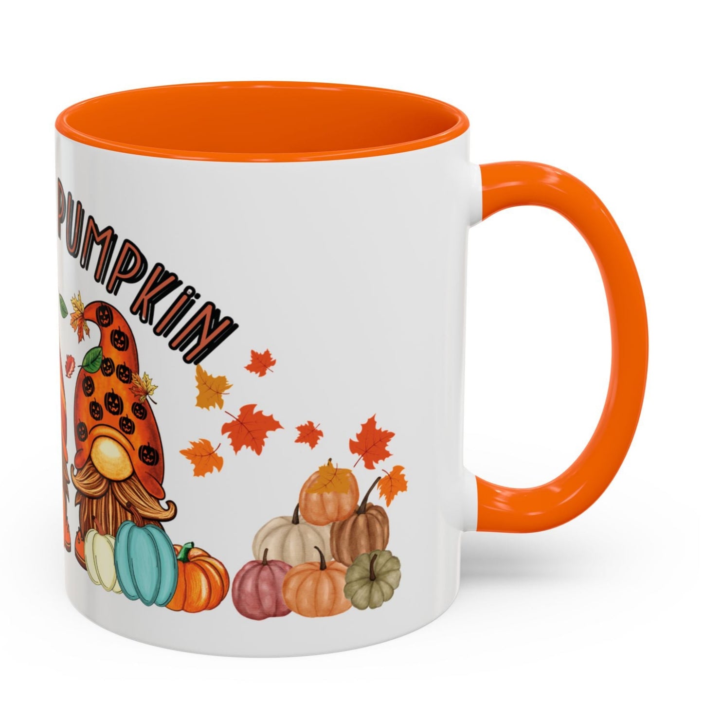 Hey There Pumpkin mug with three fall gnomes, colorful pumpkins, scattered autumn leaves, and vibrant seasonal design – 11oz ceramic by MUGSCITY23