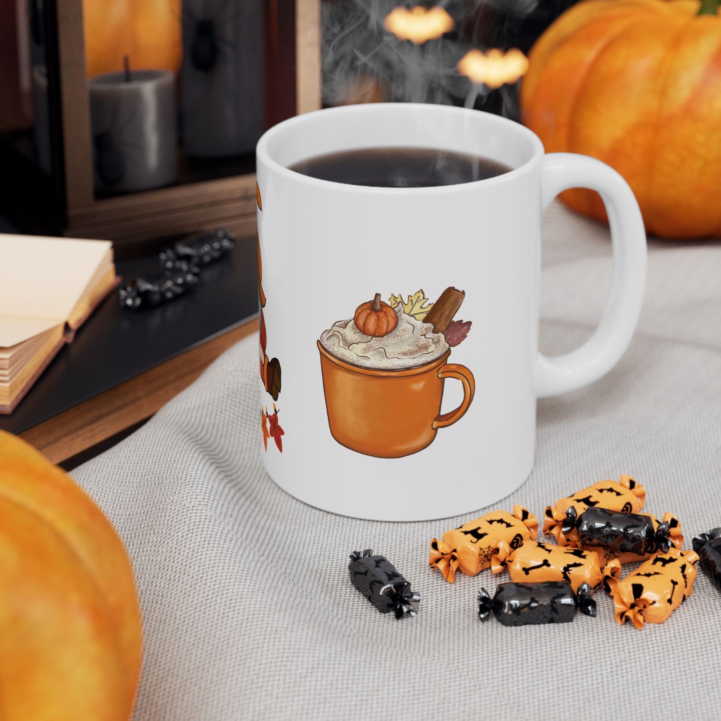 Fall Vibes mug with autumn gnome, stacked pumpkins, falling leaves, and soft 3D look – 11oz ceramic cup by MUGSCITY23