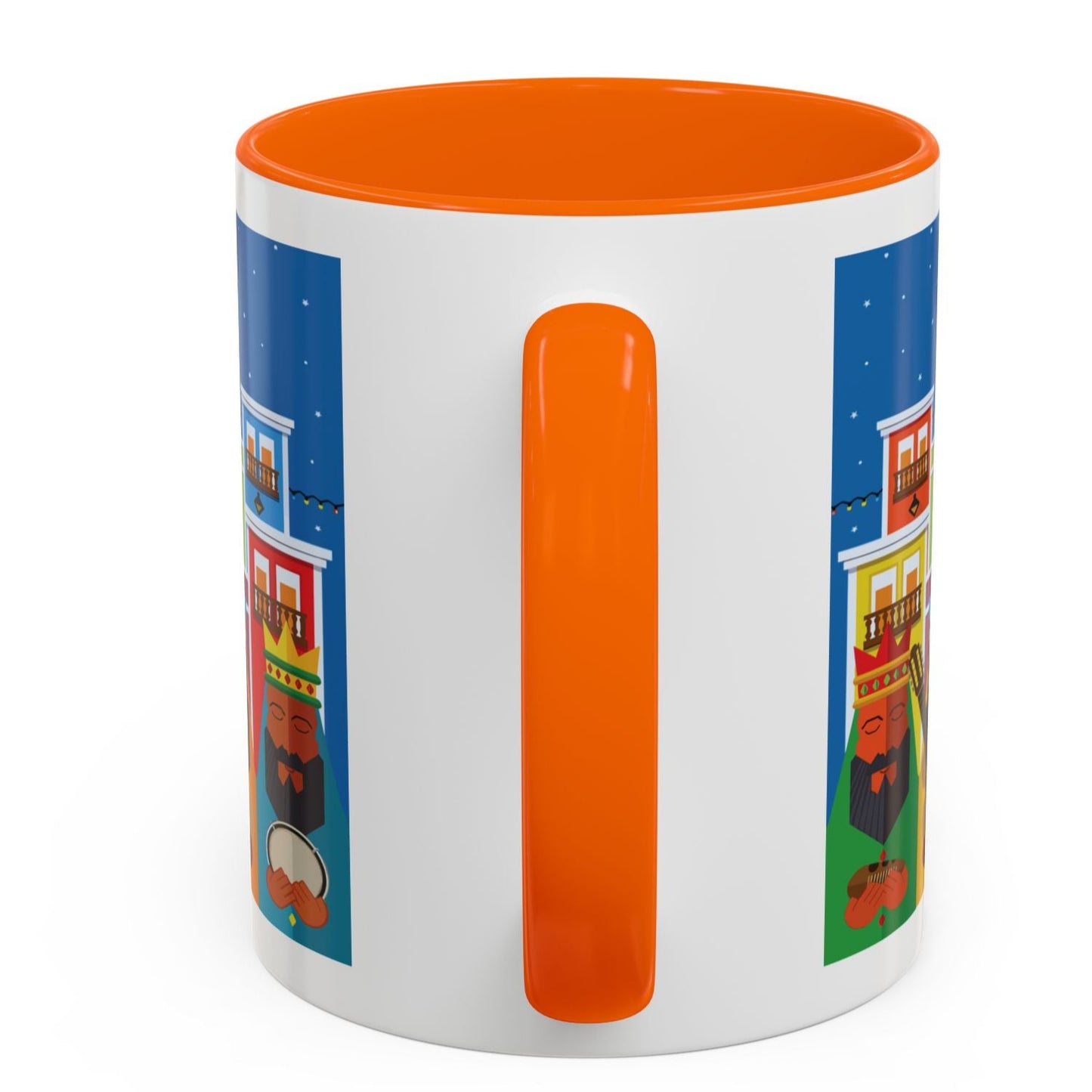 THREE KINGS IN OLD SAN JUAN COFFEE MUG TAZA TRES REYES MAGOS EN SAN JUAN. ASA E INTERIOR ANARANJADO. ORANGE ACCENTS.