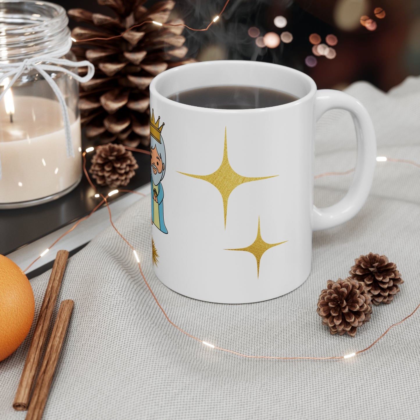 Cute Christmas mug with cartoon Three Kings and baby Jesus in manger