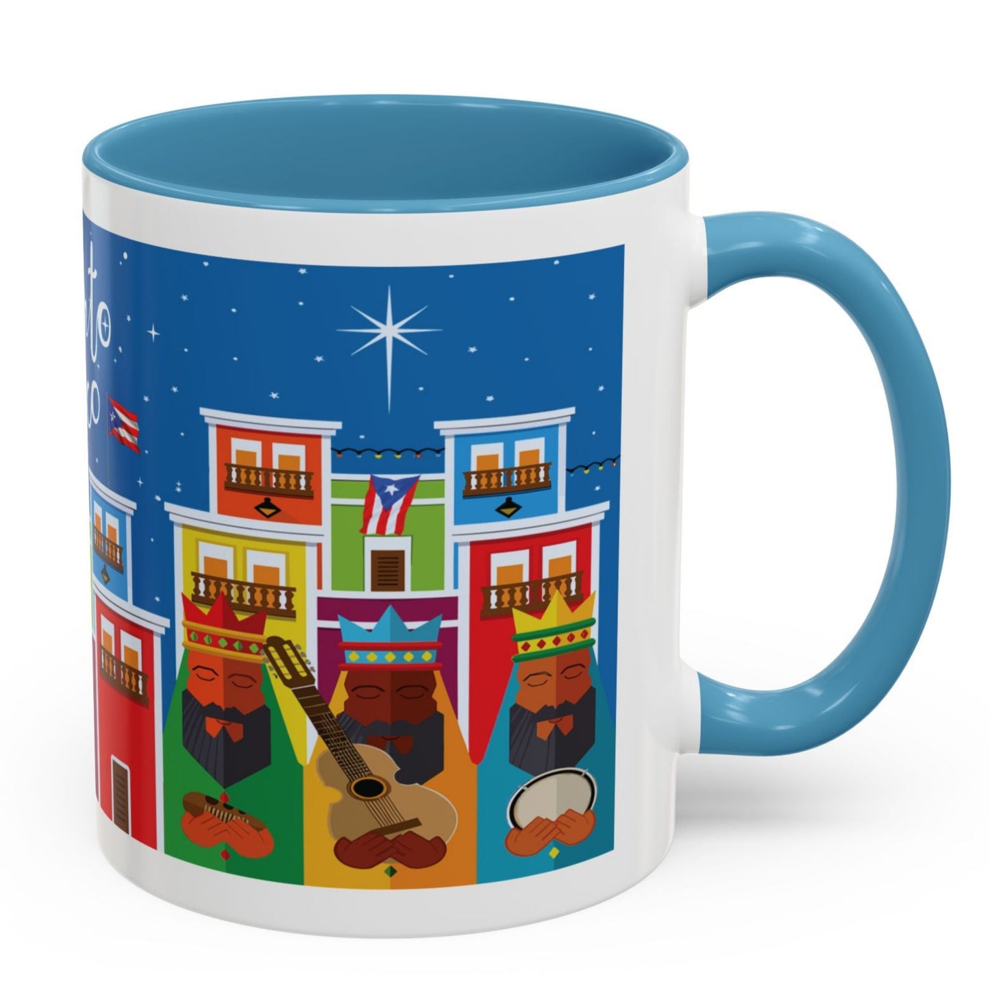 THREE KINGS IN OLD SAN JUAN COFFEE MUG TAZA TRES REYES MAGOS EN SAN JUAN. ASA E INTERIOR AZUL. BLUE ACCENTS.