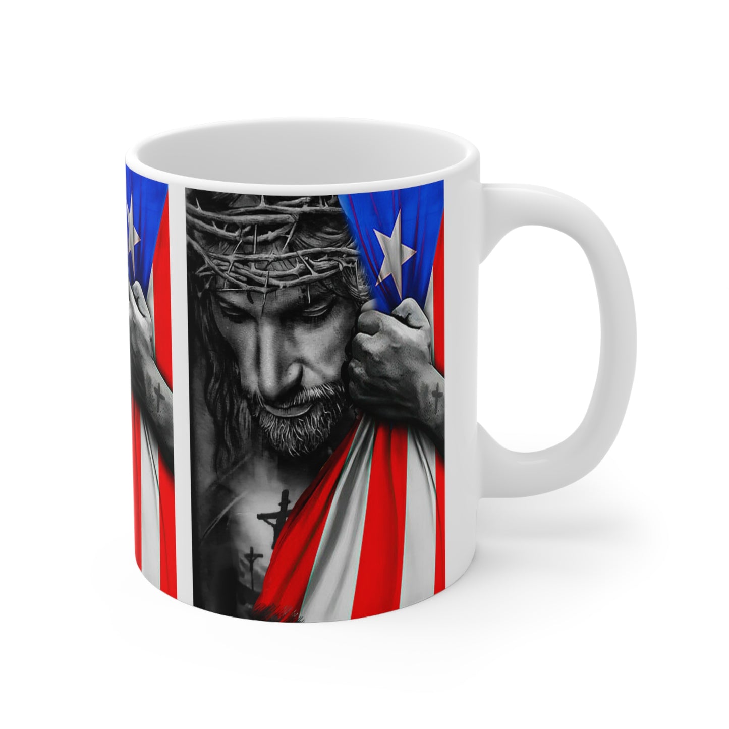 JESUS HUGGING PUERTO RICAN FLAG MUG - WHITE - MUGSCITY - Free Shipping
