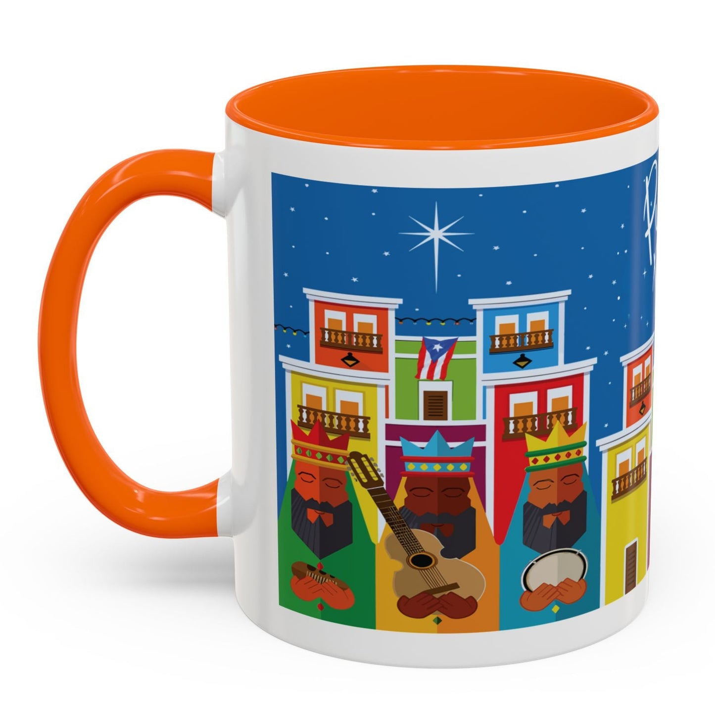 THREE KINGS IN OLD SAN JUAN COFFEE MUG TAZA TRES REYES MAGOS EN SAN JUAN. ASA E INTERIOR ANARANJADO. ORANGE ACCENTS.