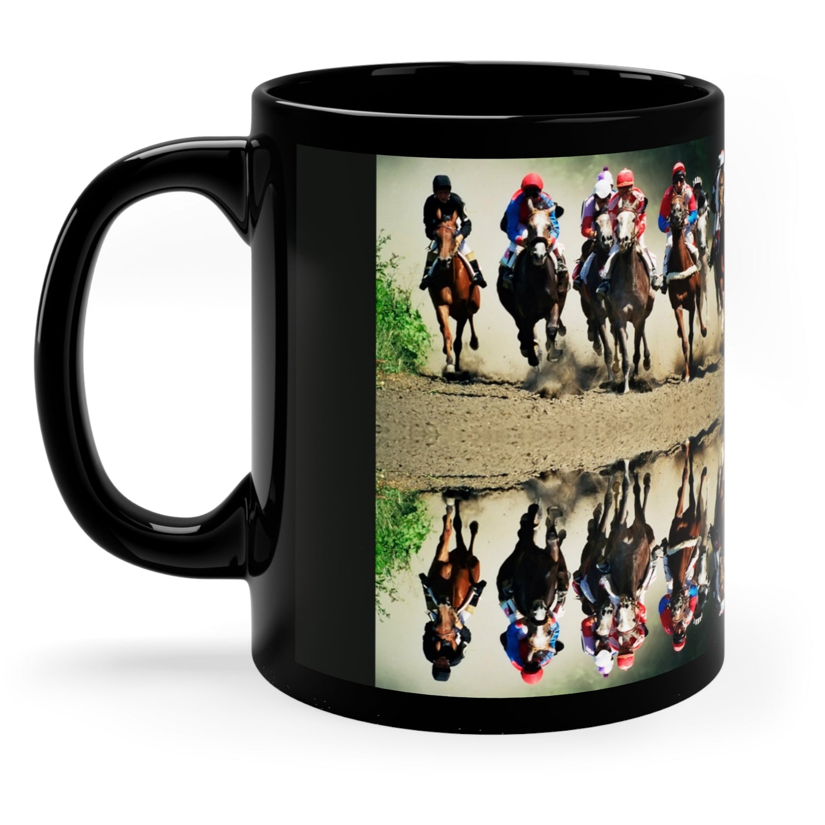 Glossy black ceramic mug featuring a dynamic image of jockeys in a horse race with a mirrored reflection design. 11oz, microwave and dishwasher safe.