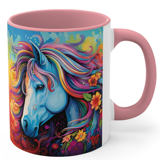 Bright ceramic mug featuring a blue horse with a multicolored rainbow mane, surrounded by flowers. Available in various accent colors. 11oz.