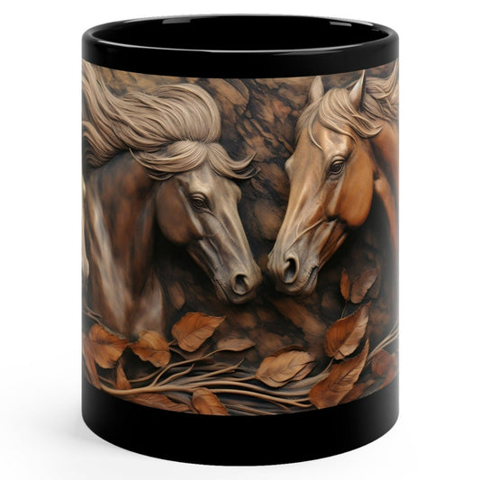 Glossy black ceramic mug with three sculpted-style horses in warm brown tones surrounded by swirling autumn leaves. 11oz, microwave and dishwasher safe.