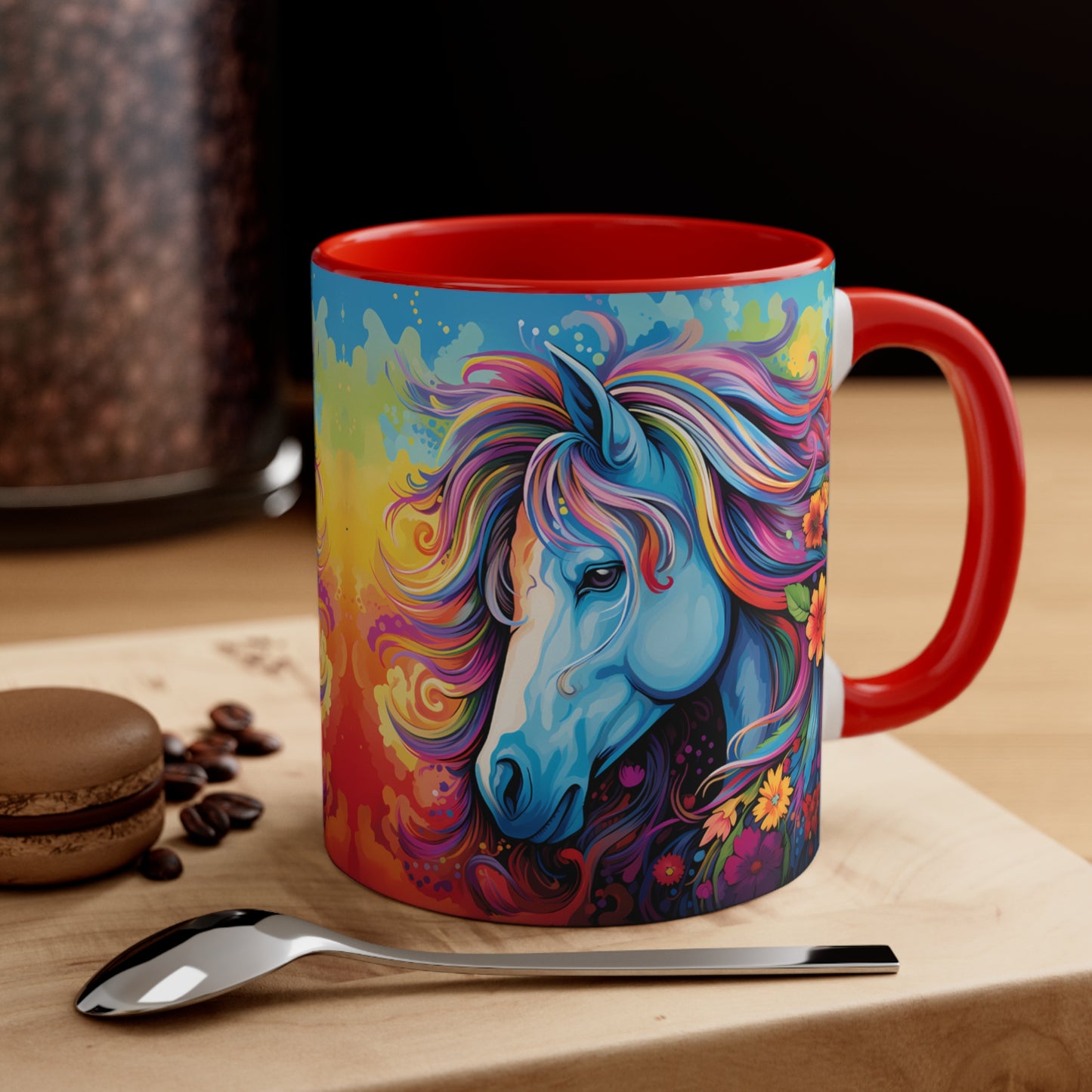 Bright ceramic mug featuring a blue horse with a multicolored rainbow mane, surrounded by flowers. Available in various accent colors. 11oz.