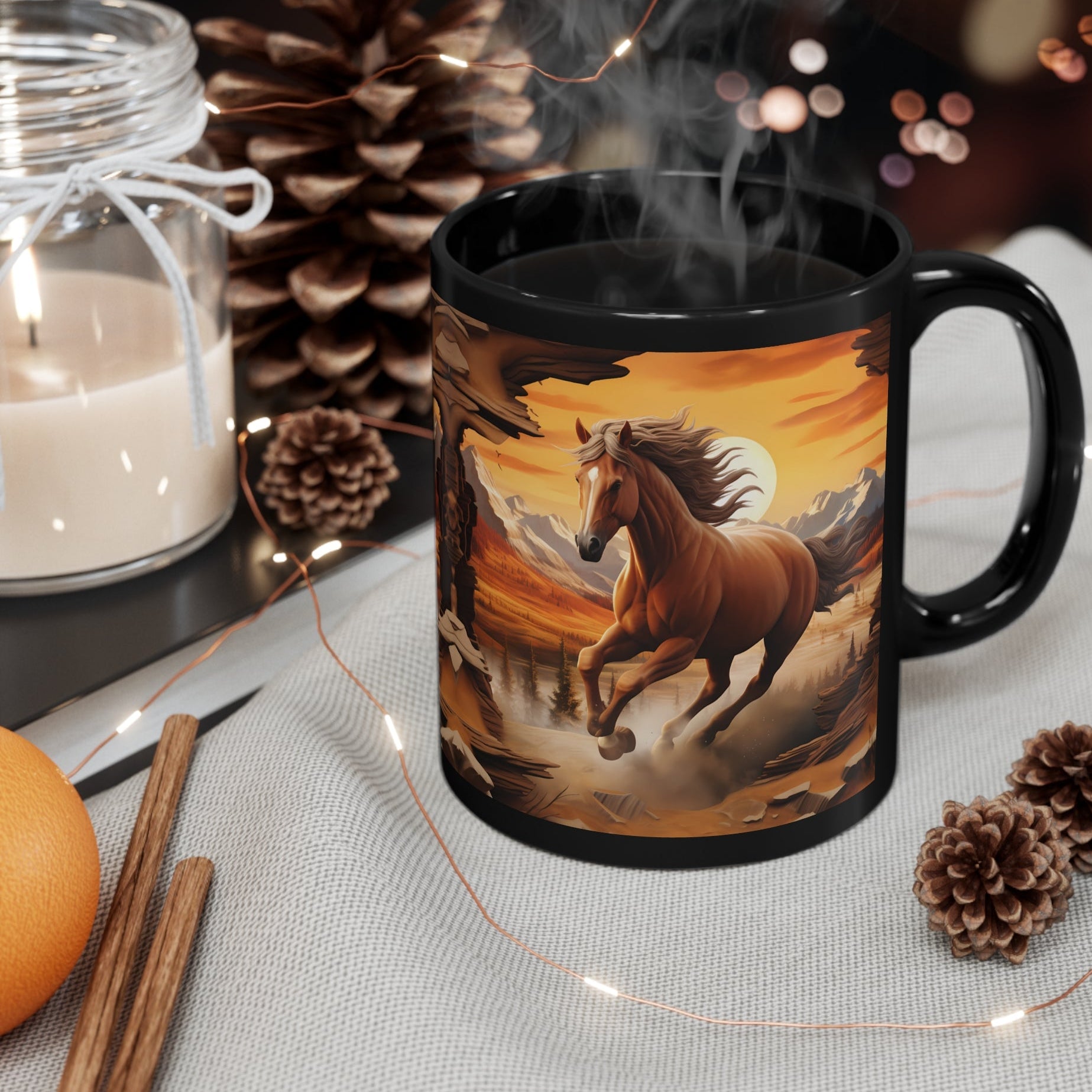 Glossy black ceramic mug featuring a powerful wild horse galloping through a canyon landscape at sunset. 11oz, microwave and dishwasher safe.