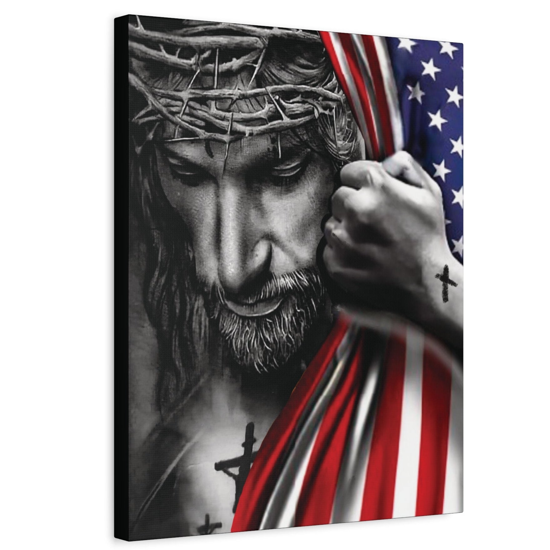 Jesus with crown of thorns pulling American flag to reveal cross – Canvas art 12x16 or 16x20 by Mugscity