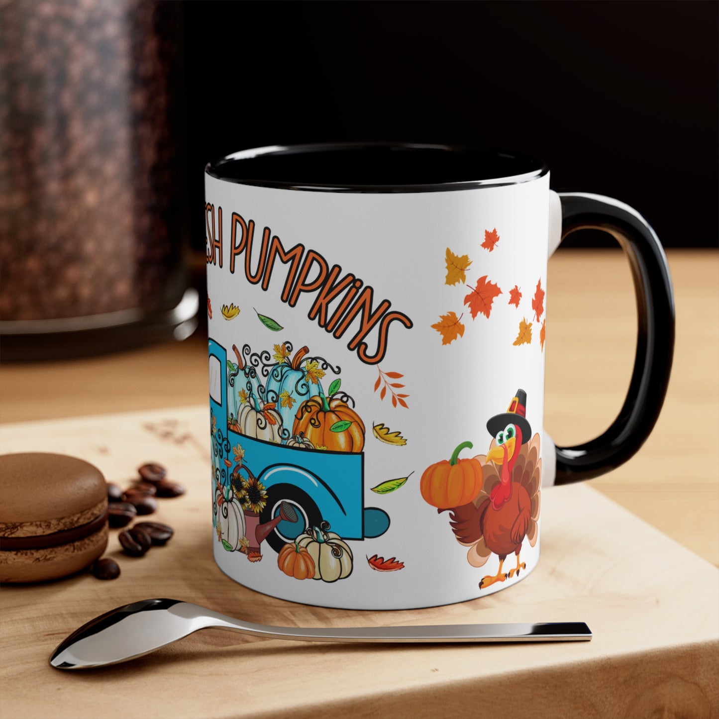 THANKSGIVING PILGRIM FARM FRESH PUMPKINS Mug- Mugscity - Free Shipping - Black, Red, Blue and Navy.