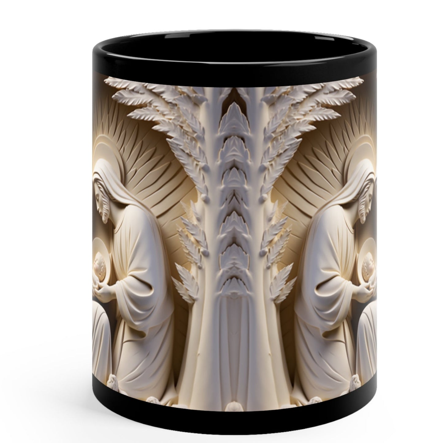 Christmas strong glossy black mug with 3D stone-look nativity scene of Mary, Joseph, and baby Jesus