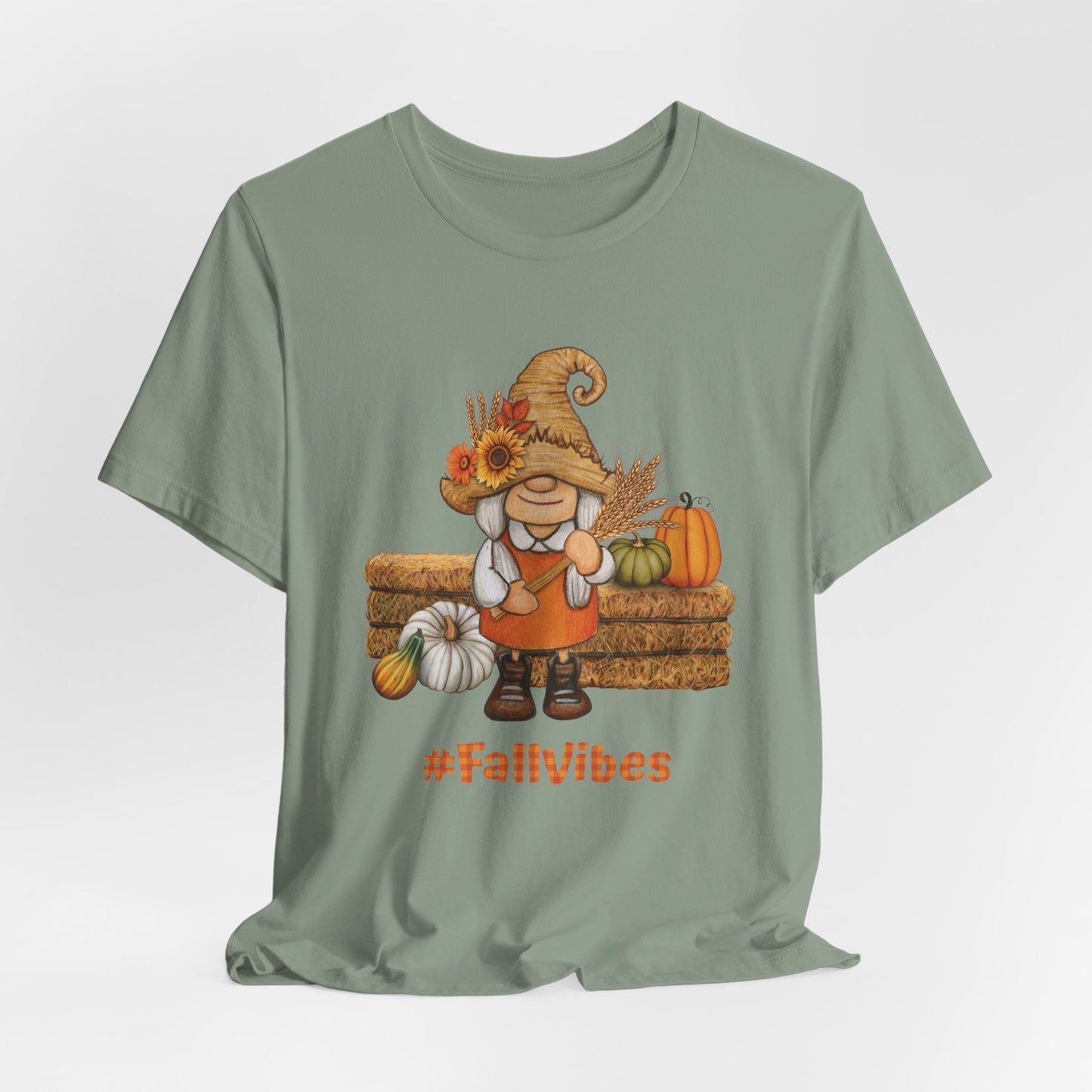 Cute Fall Gnome Shirt with pumpkins, sunflowers, and #FallVibes on soft unisex sage T-shirt – autumn season design