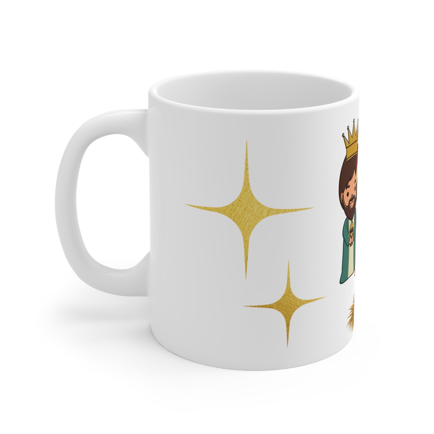 Cute Christmas mug with cartoon Three Kings and baby Jesus in manger
