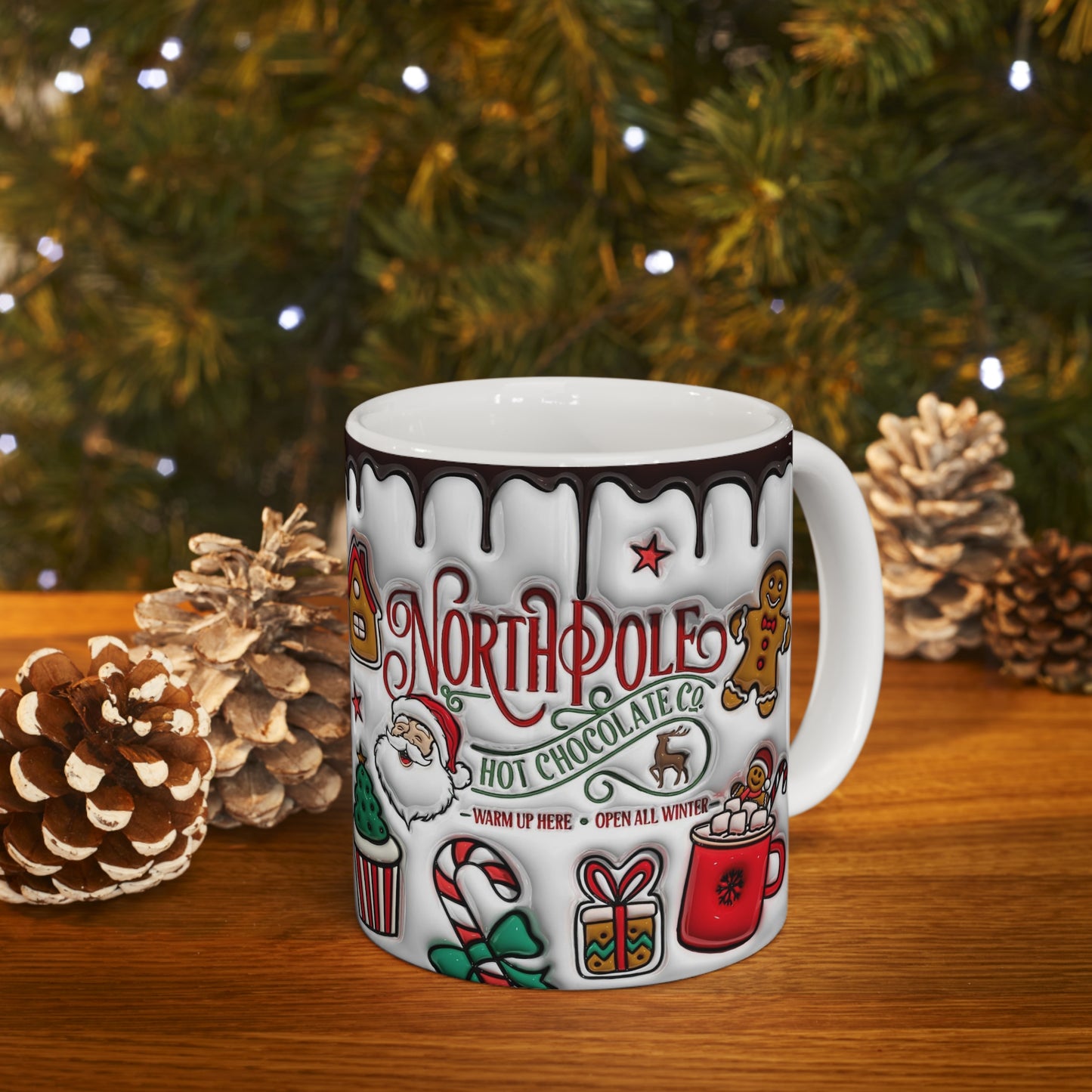 Christmas mug with North Pole Hot Chocolate Co. design, Santa, gingerbread, cocoa and candy canes