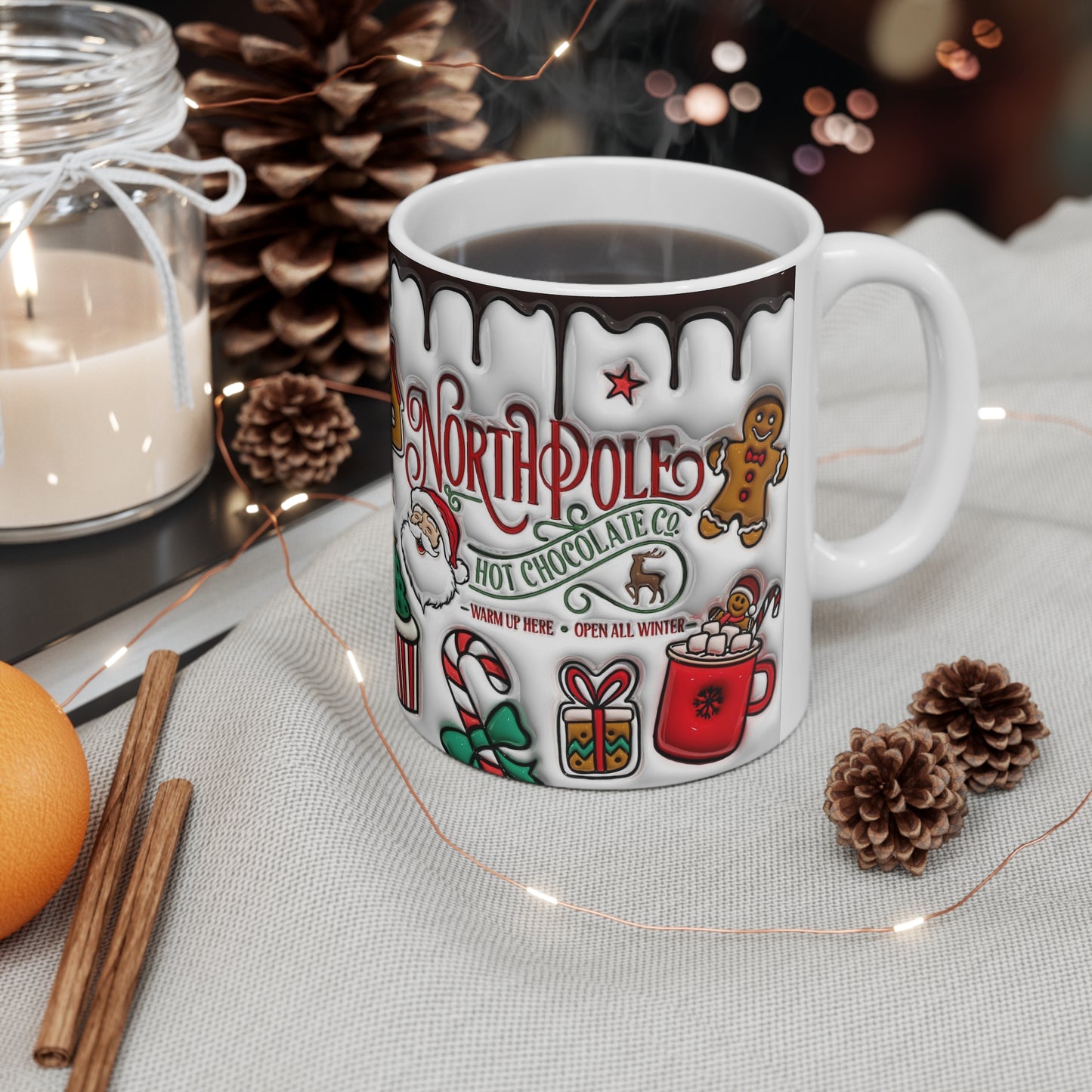 Christmas mug with North Pole Hot Chocolate Co. design, Santa, gingerbread, cocoa and candy canes