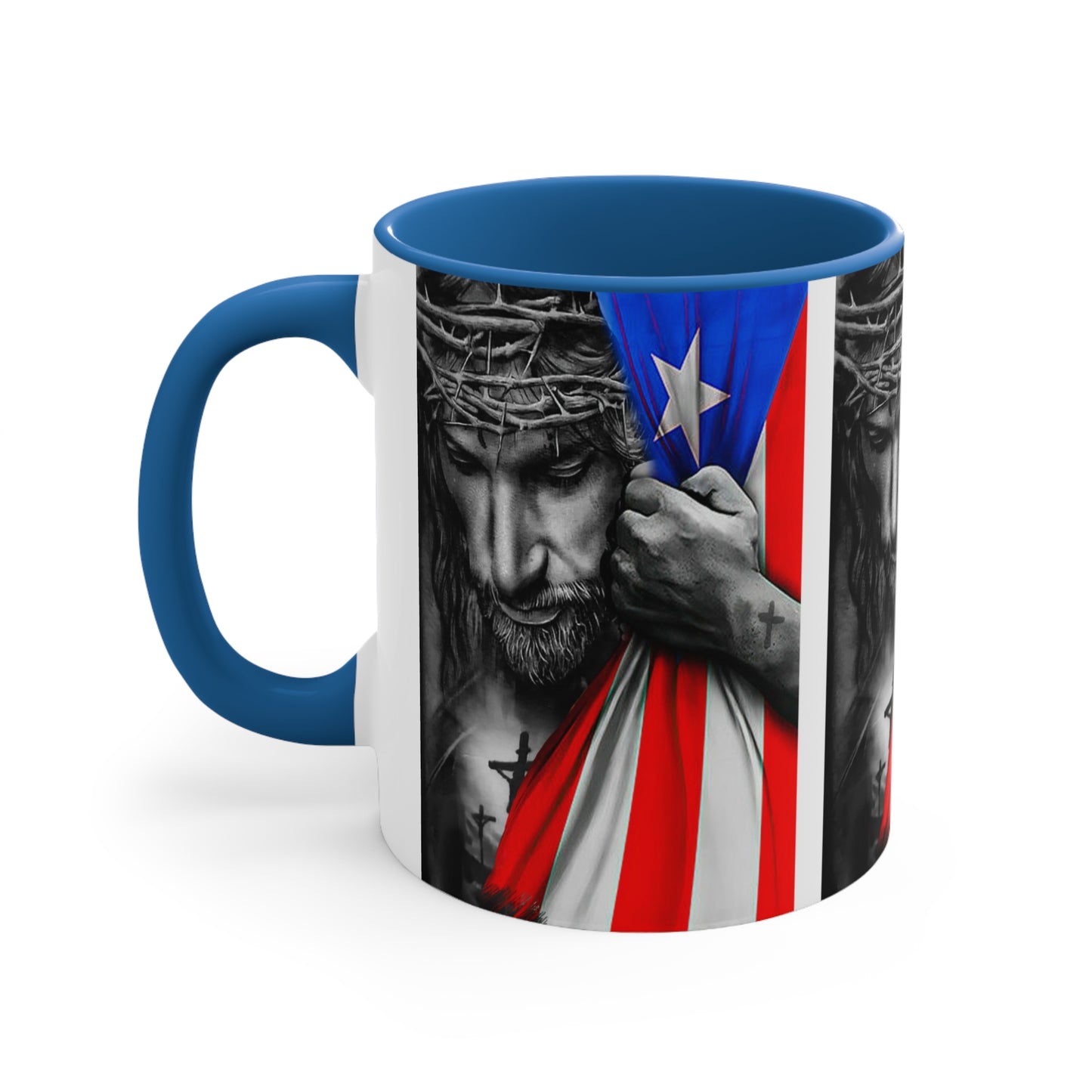 JESUS HUGGING PR FLAG MUG - Red, Black, Blue, Navy Accents - MUGSCITY - Free Shipping