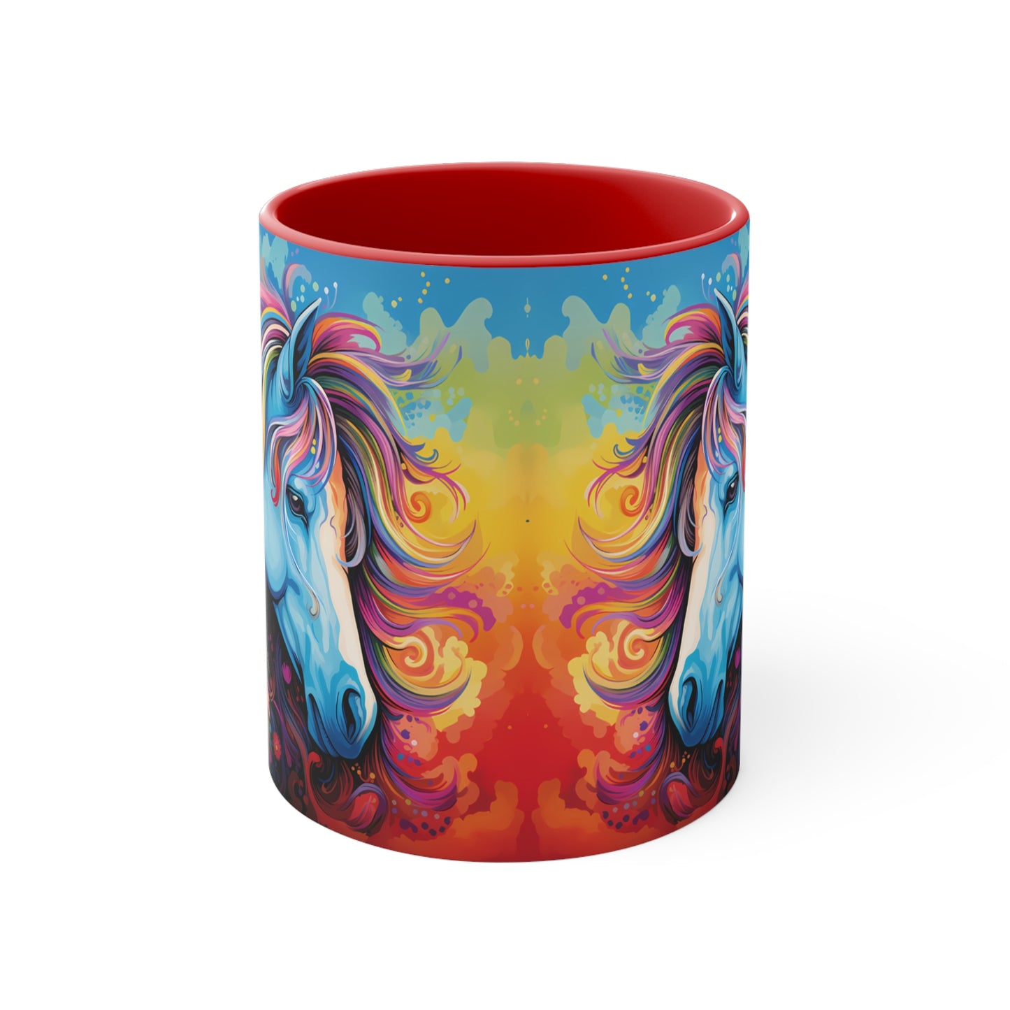 Bright ceramic mug featuring a blue horse with a multicolored rainbow mane, surrounded by flowers. Available in various accent colors. 11oz.