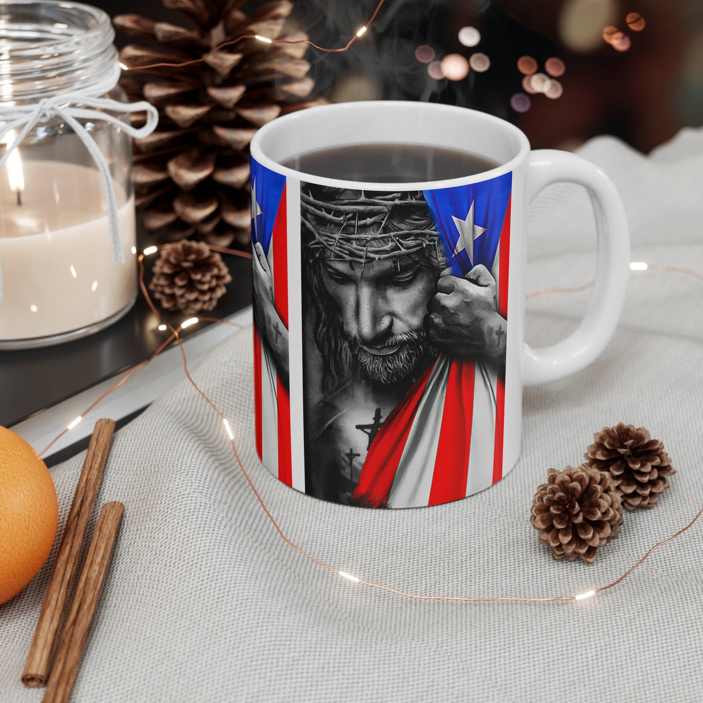 JESUS HUGGING PUERTO RICAN FLAG MUG - WHITE - MUGSCITY - Free Shipping