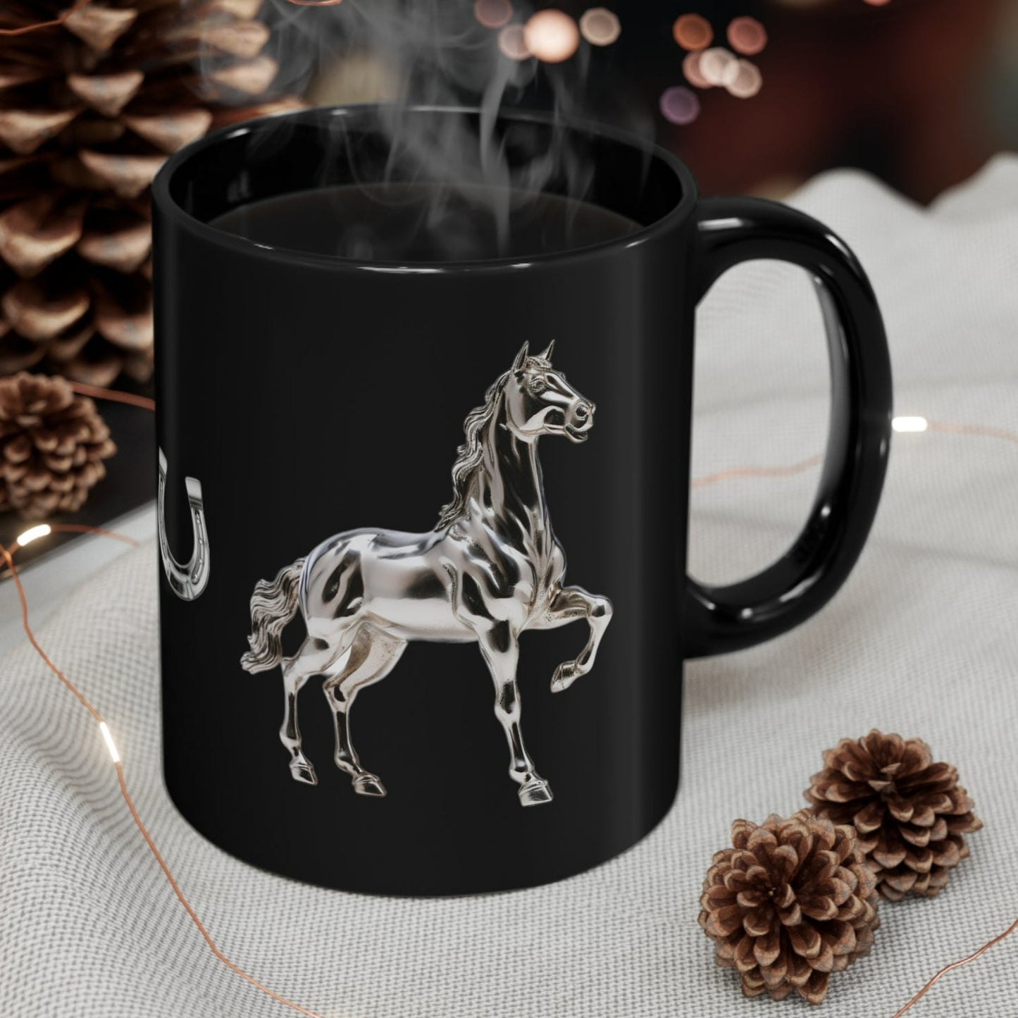 Glossy black ceramic mug featuring a 3D silver horse design. 11oz, microwave and dishwasher safe, free shipping, perfect for horse lovers.