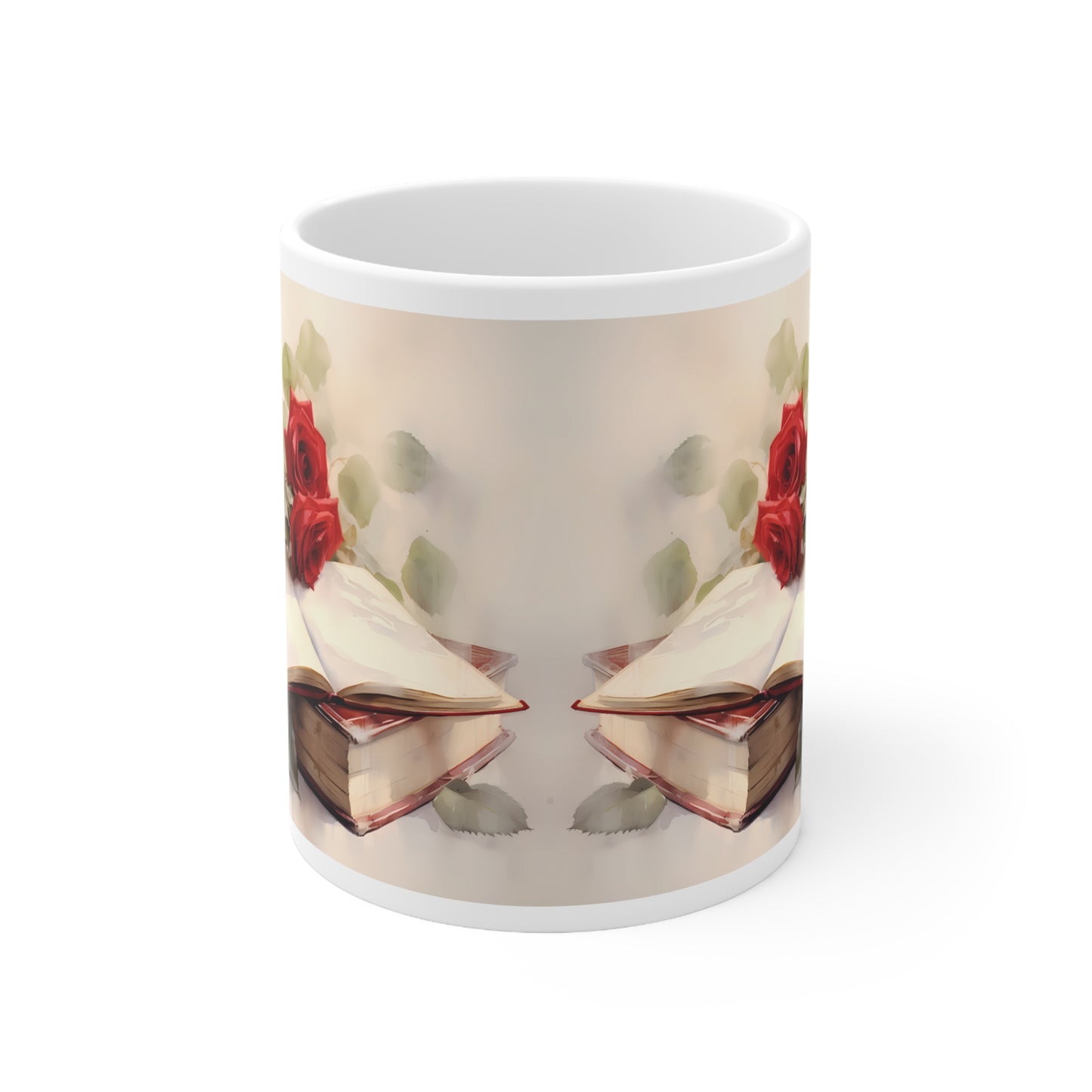 ROSES AND BOOKS (ANTIQUE LOOK) MUG - WHITE - MUGSCITY - Free Shipping